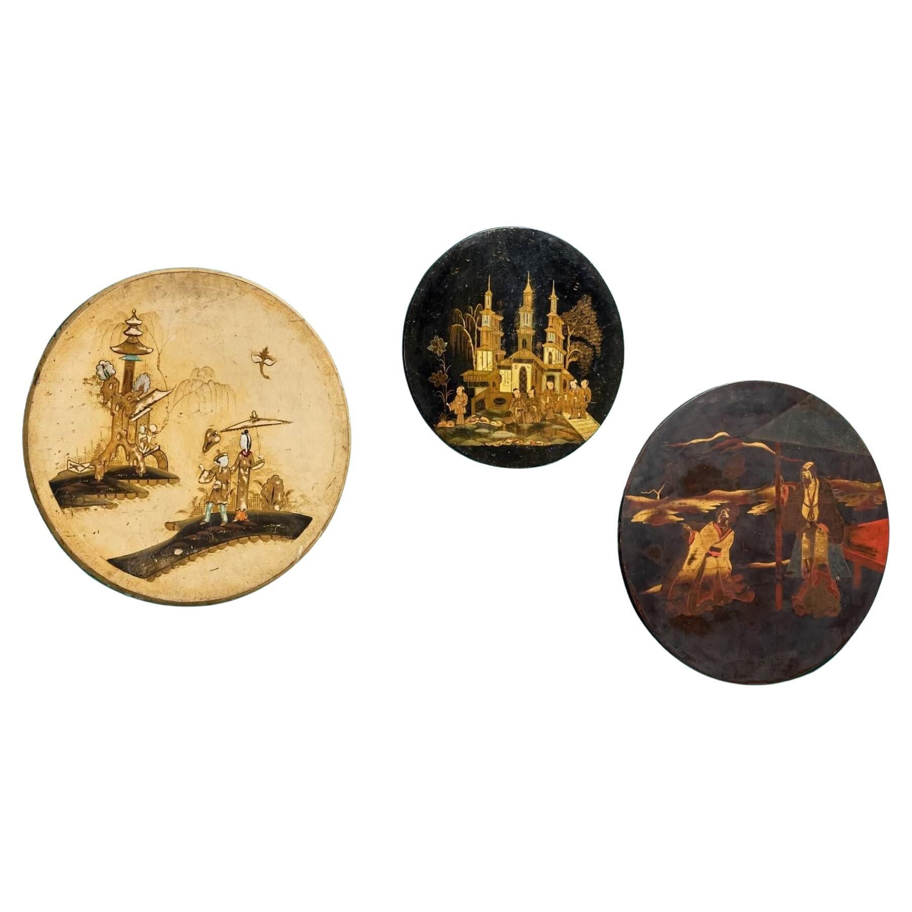 Set of 3 Decorative Round Chinoiserie Wall Hangings For Sale