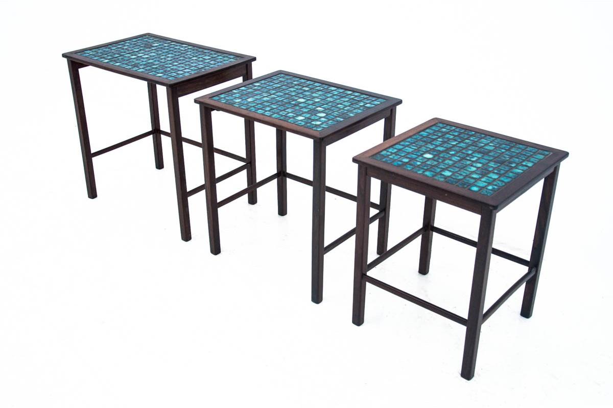Scandinavian Modern Set of 3 Decorative Tiled Tables, Denmark, 1960s