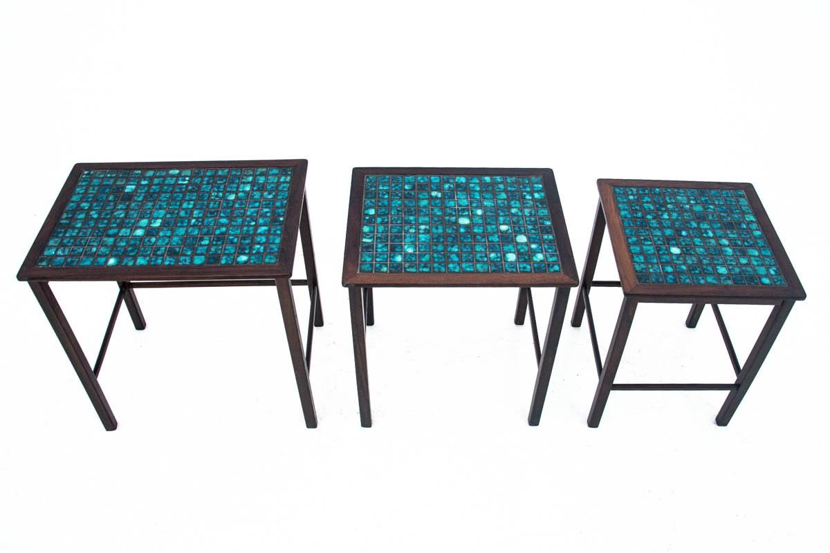 Danish Set of 3 Decorative Tiled Tables, Denmark, 1960s