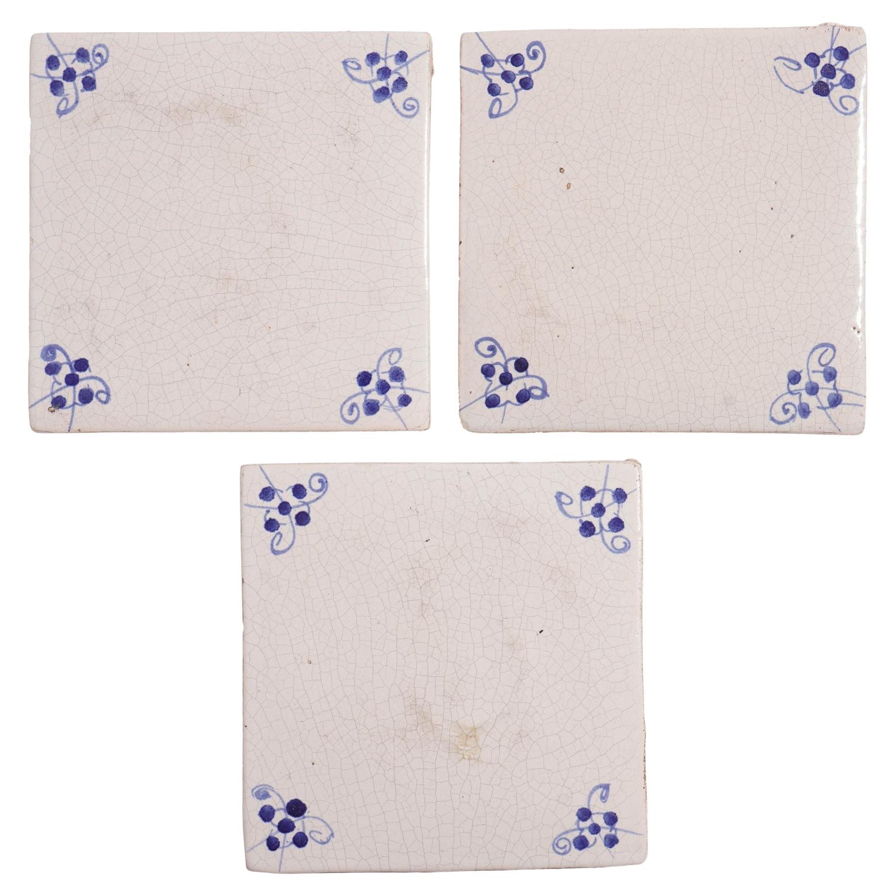 Set of 3 Delft tiles with cobalt spider corners, c. 1700 For Sale