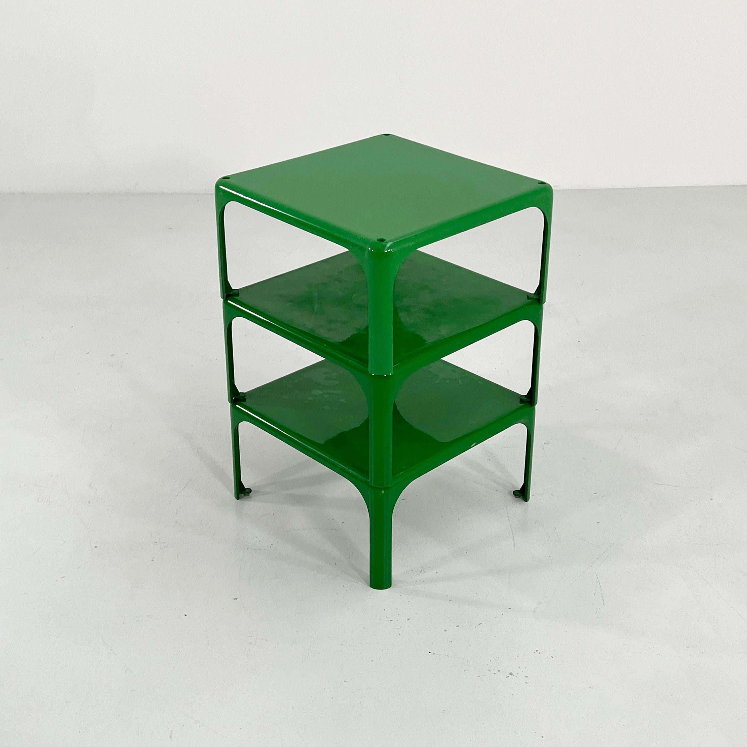 Designer - Vico Magistretti
Producer - Artemide
Model - Demetrio 45 Staking Tables
Design Period - Seventies
Measurements - Width 45 cm x Depth 45 cm x Height 24 cm / 72 cm when stacked 
Materials - Plastic
Color - Green
Light wear consistent