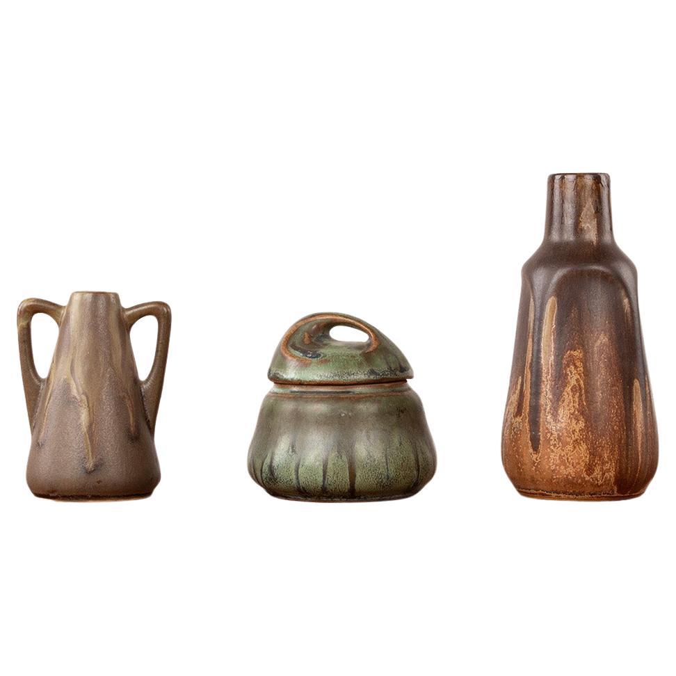 Set of 3 Denbac Art Deco ceramics in flamed stoneware 1930.