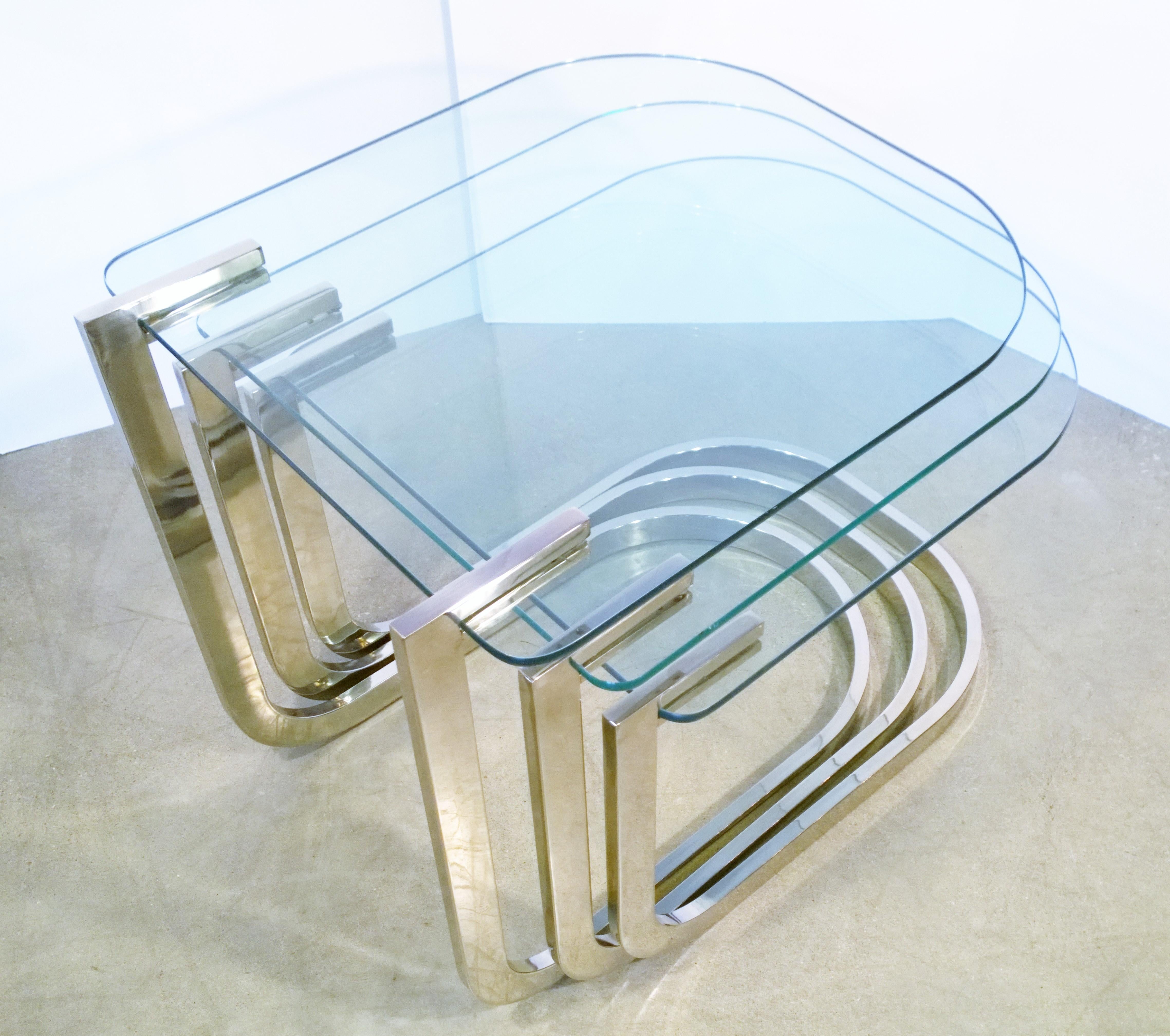 Set of 3 Design Institute America Horseshoe Shaped Chrome & Glass Nesting Tables For Sale 1