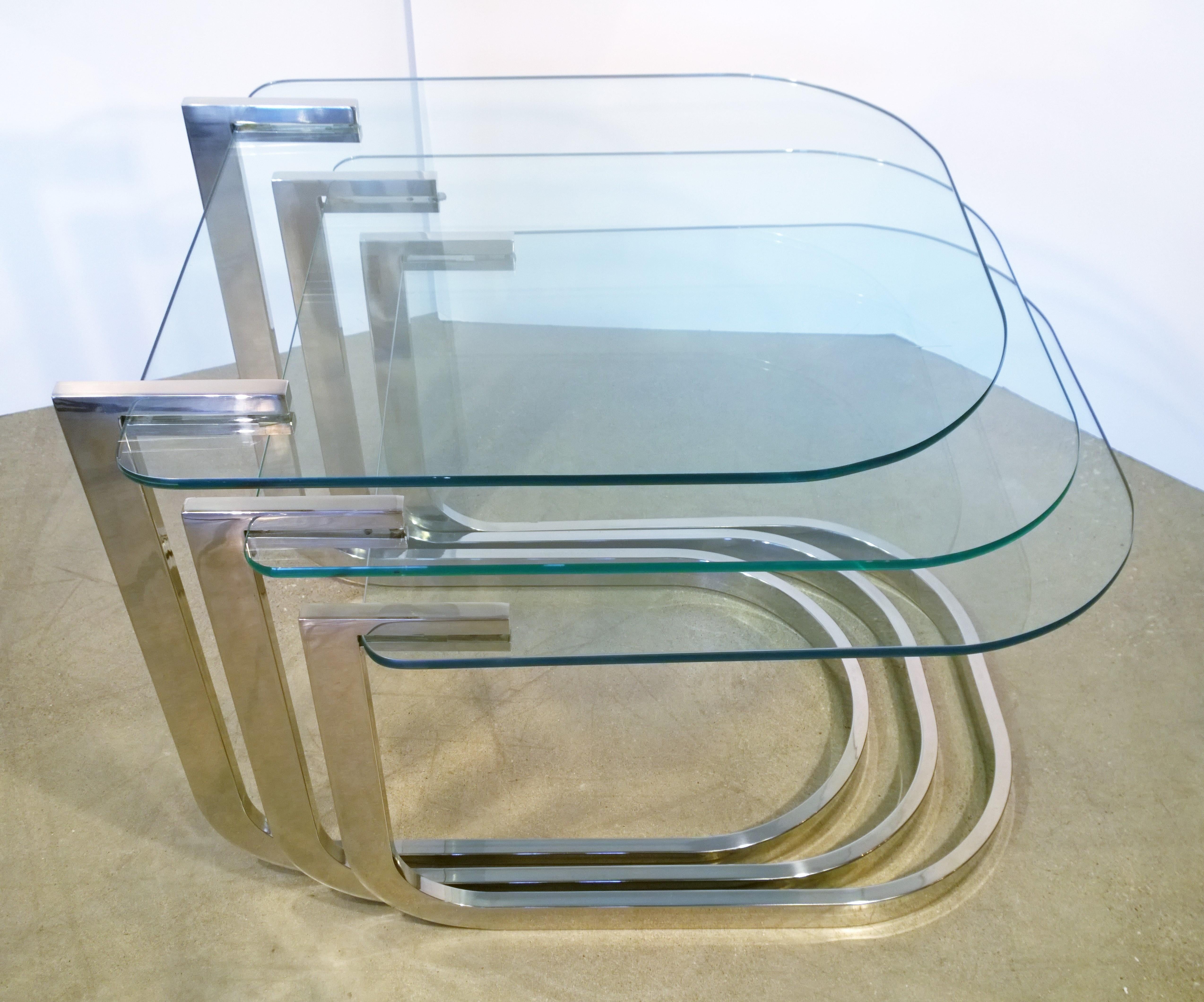 Set of 3 Design Institute America Horseshoe Shaped Chrome & Glass Nesting Tables For Sale 3