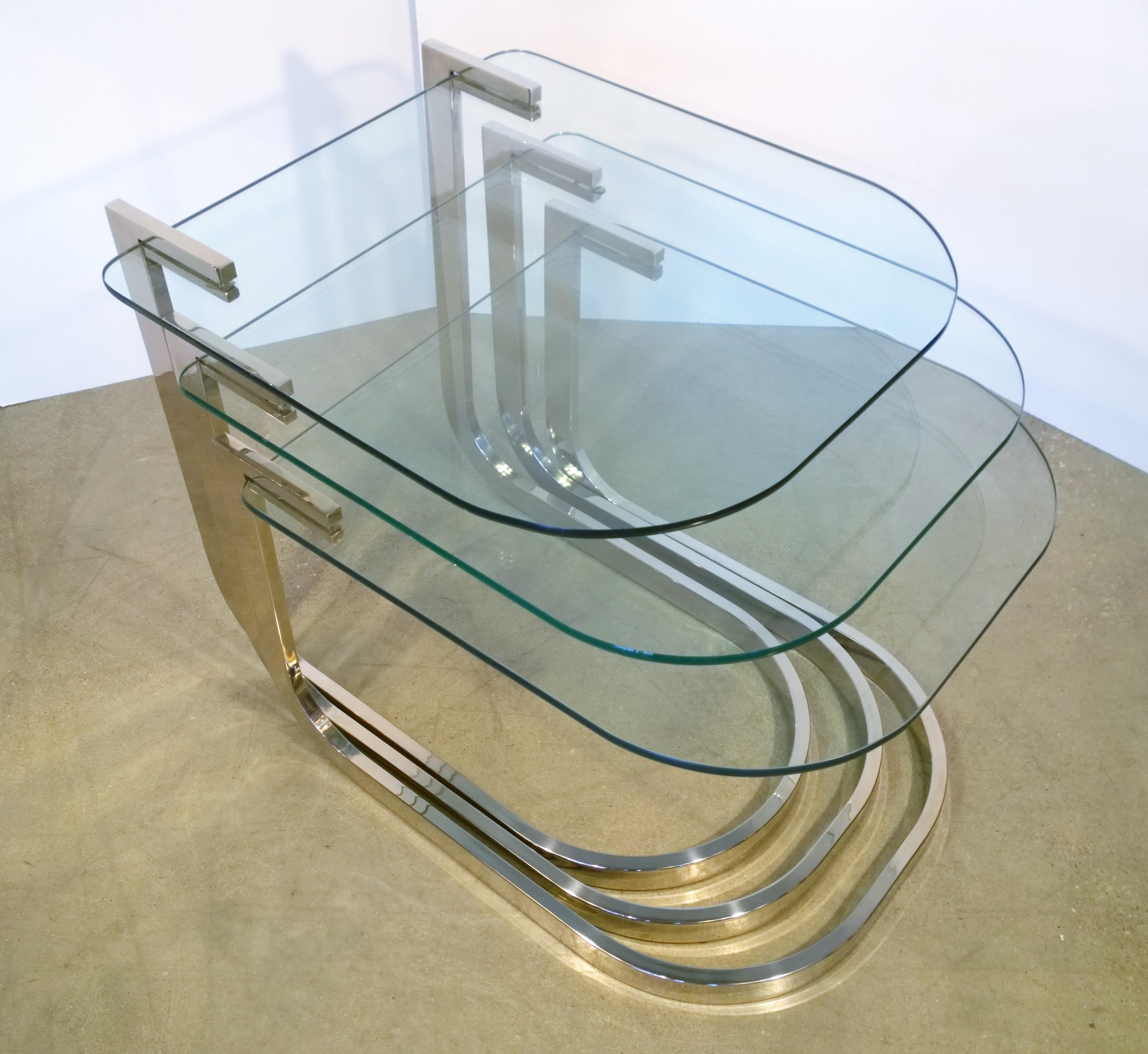 Set of 3 Design Institute America Horseshoe Shaped Chrome & Glass Nesting Tables For Sale 4