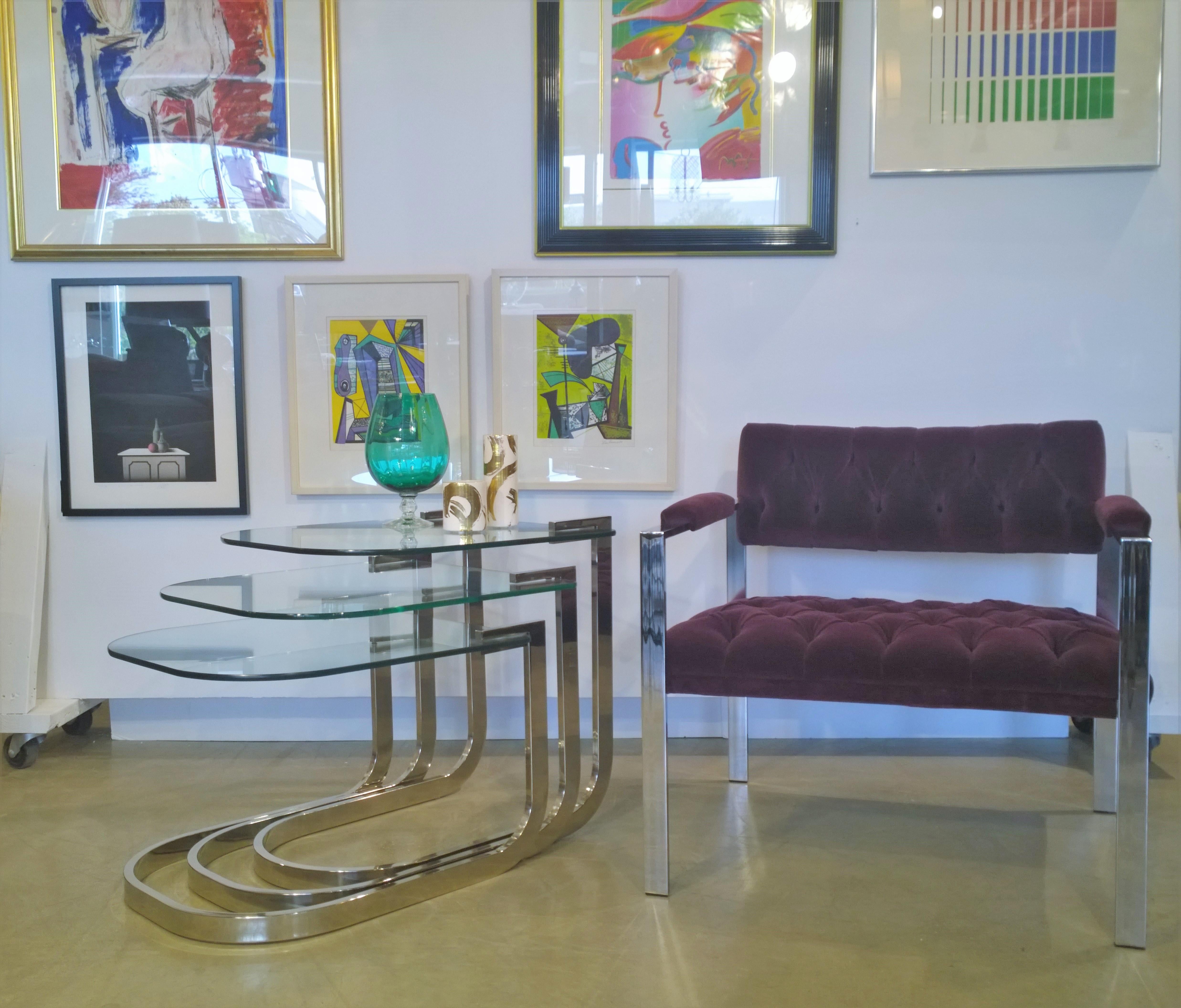 Set of 3 Design Institute America Horseshoe Shaped Chrome & Glass Nesting Tables For Sale 11