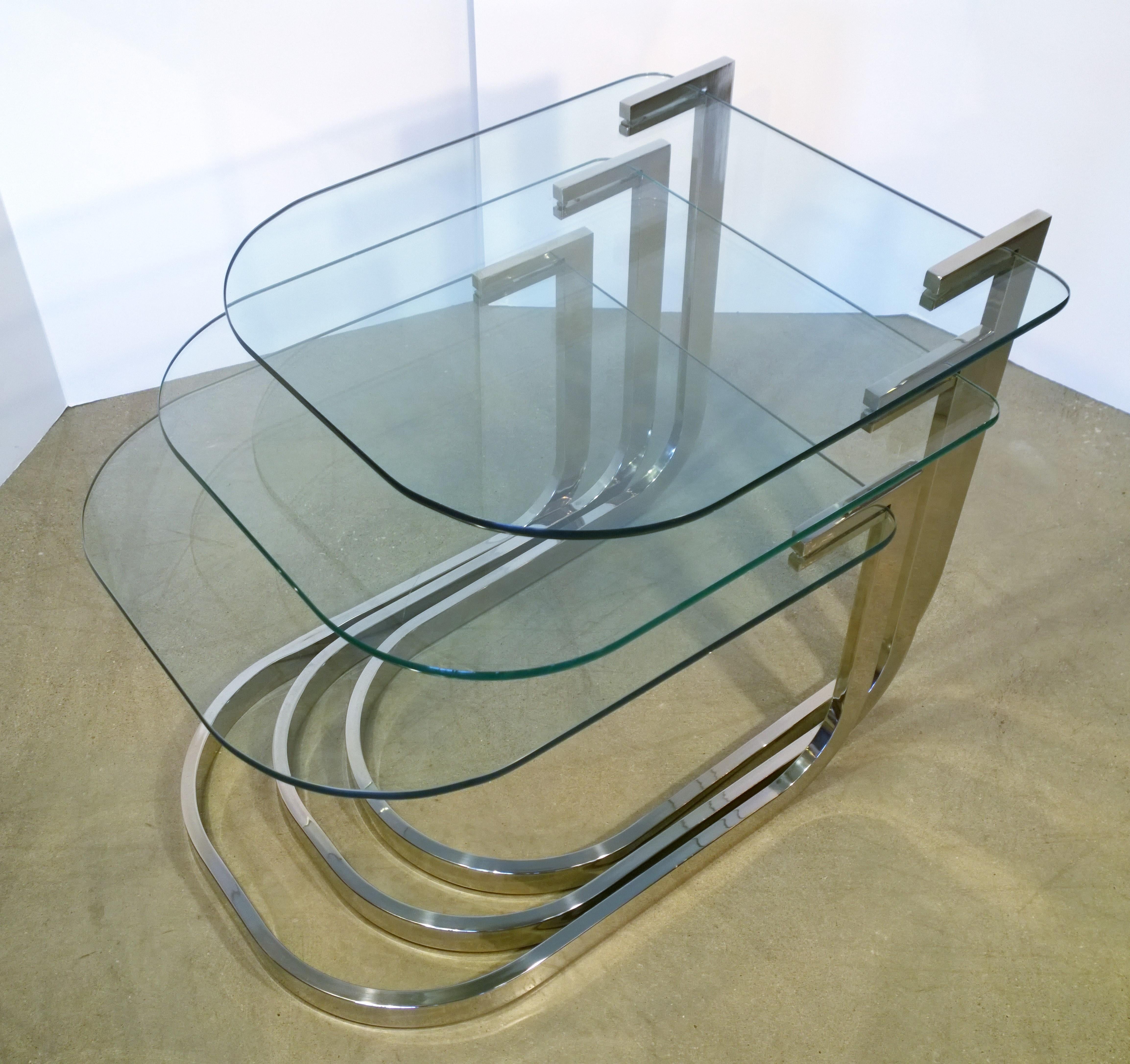 Mid-Century Modern Set of 3 Design Institute America Horseshoe Shaped Chrome & Glass Nesting Tables For Sale