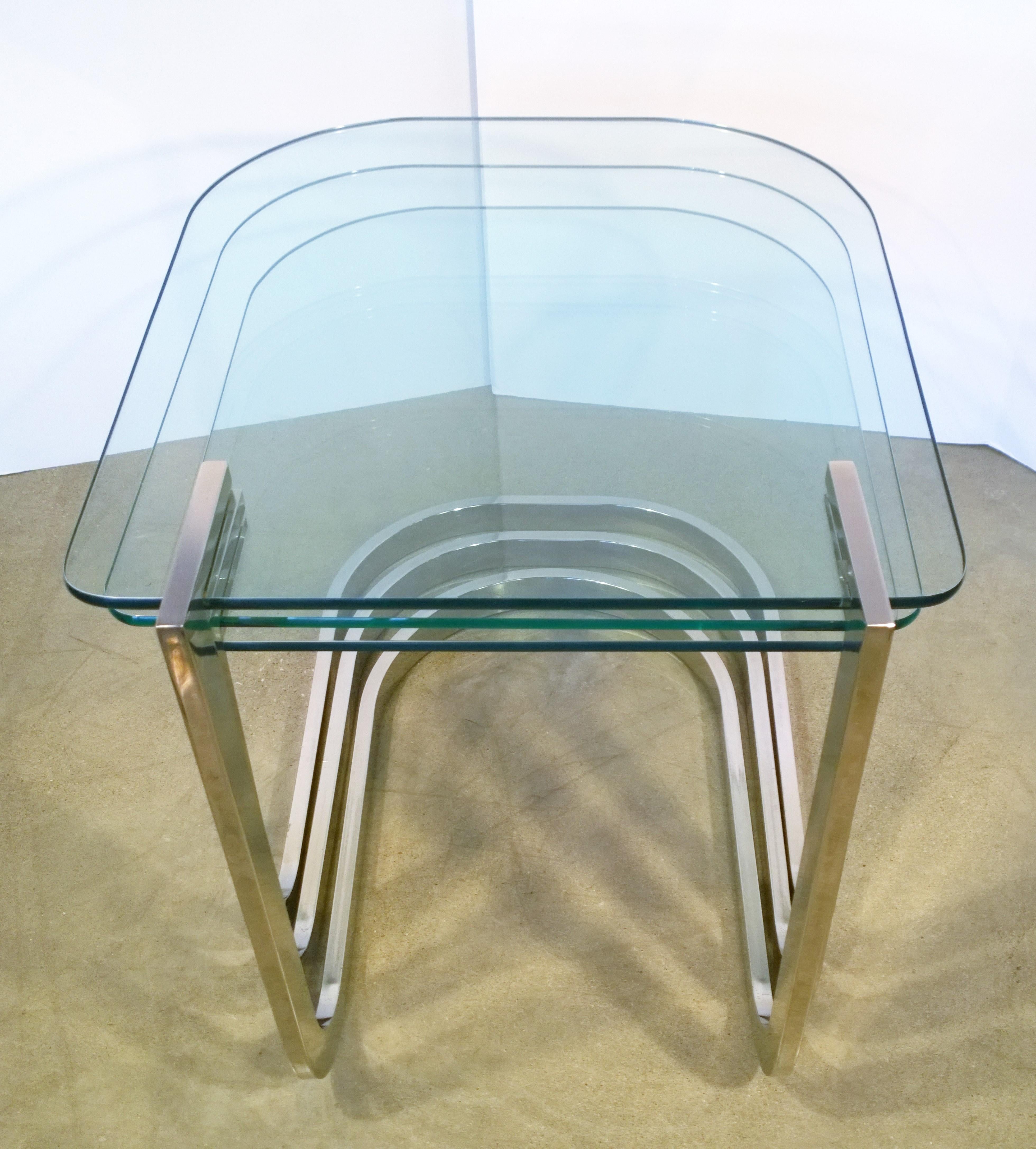20th Century Set of 3 Design Institute America Horseshoe Shaped Chrome & Glass Nesting Tables For Sale