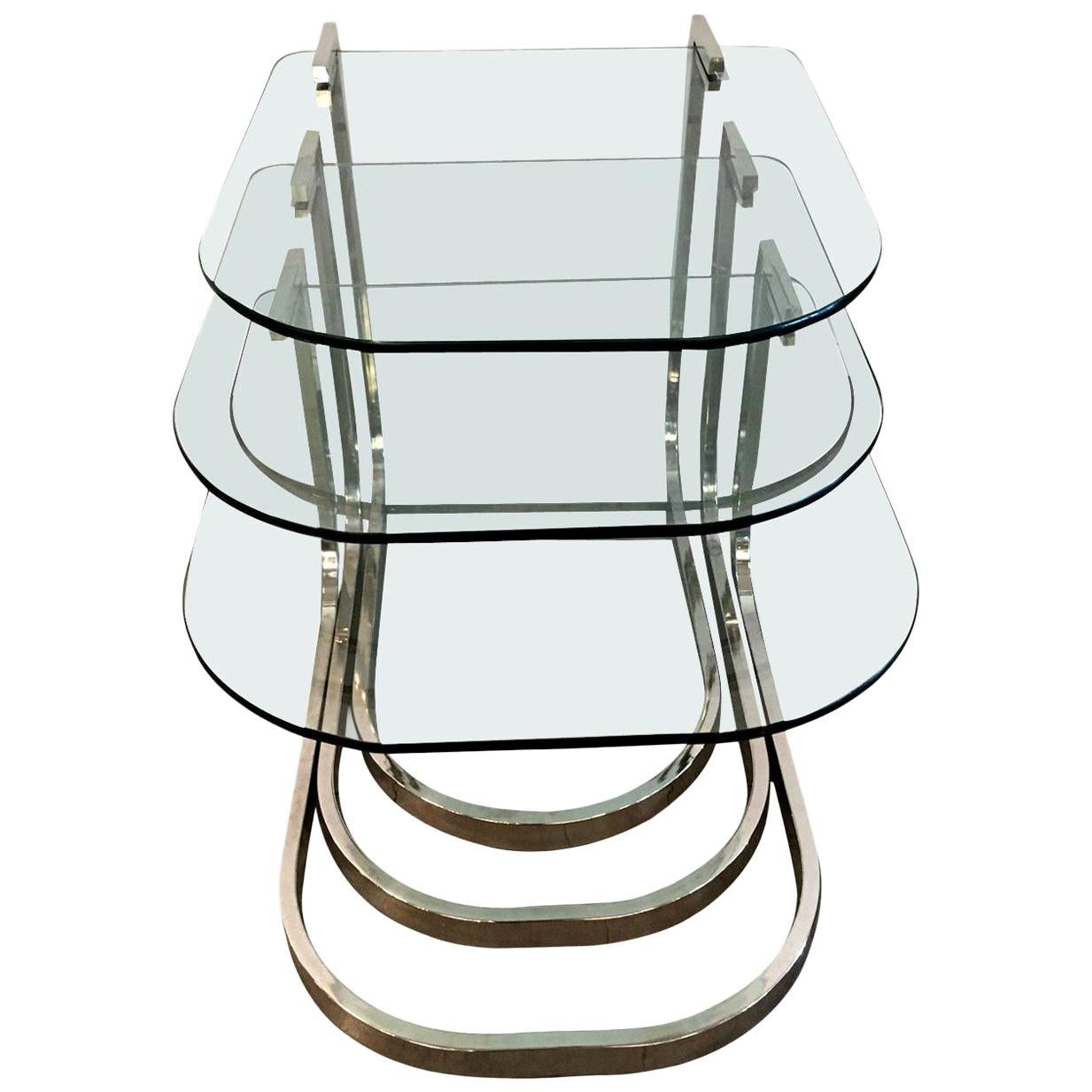 Set of 3 Design Institute America Horseshoe Shaped Chrome & Glass Nesting Tables For Sale