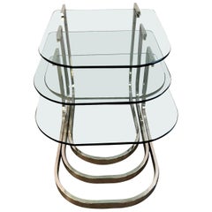 Set of 3 Design Institute America Horseshoe Shaped Chrome & Glass Nesting Tables