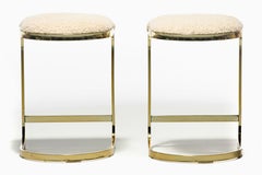 Set of 3 Design Institute of America Brass Stools in Ivory White Bouclé, c. 1980