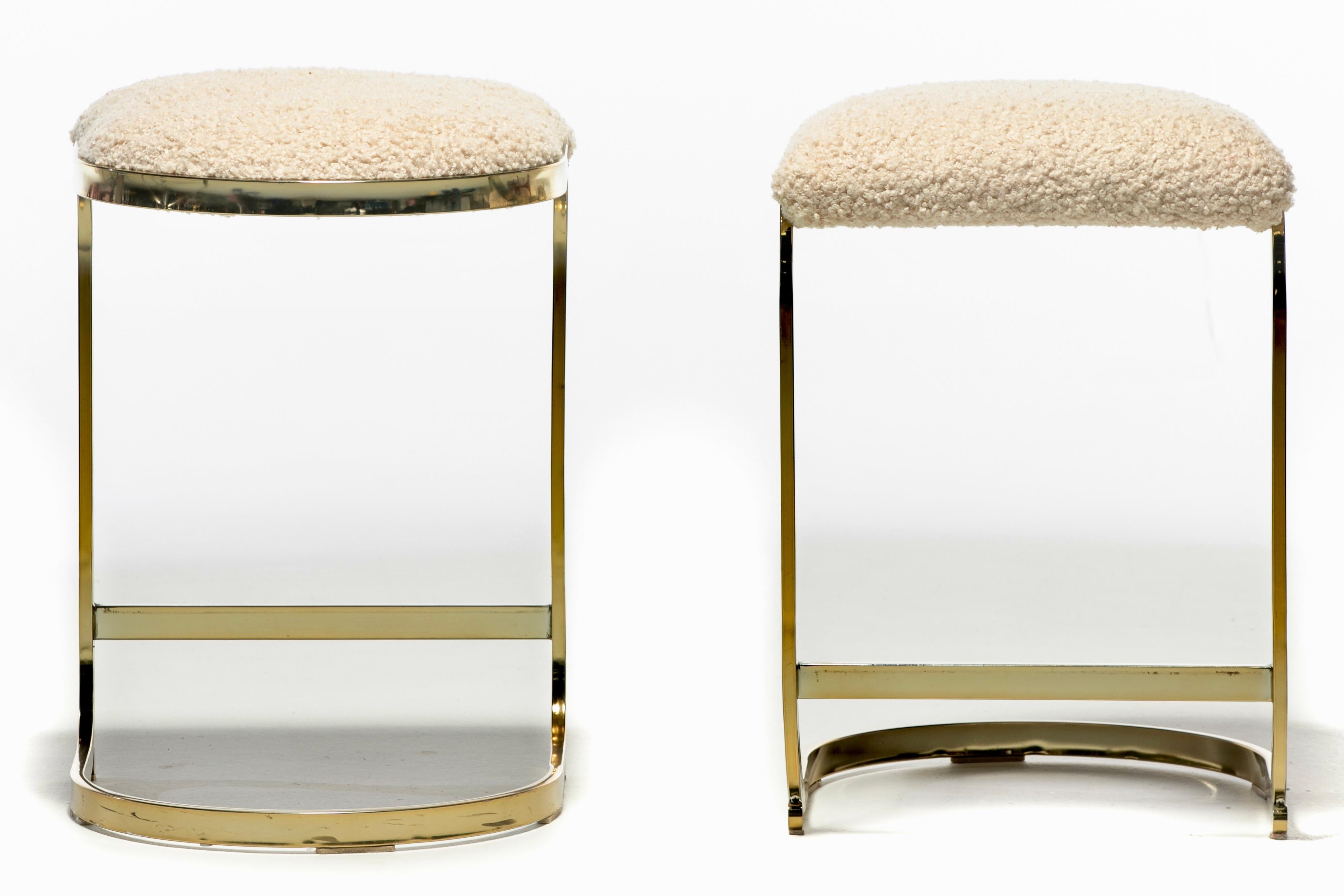 American Set of 3 Design Institute of America Brass Stools in Ivory White Bouclé, c. 1980 For Sale