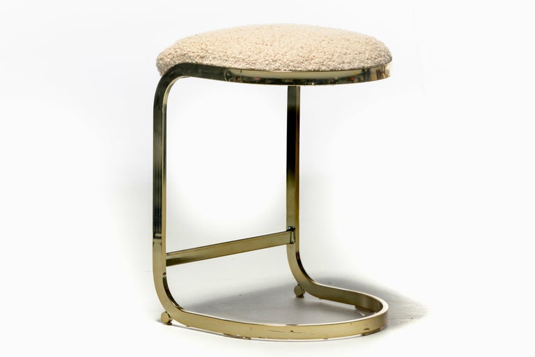 Set of 3 Design Institute of America Brass Stools in Ivory White Bouclé