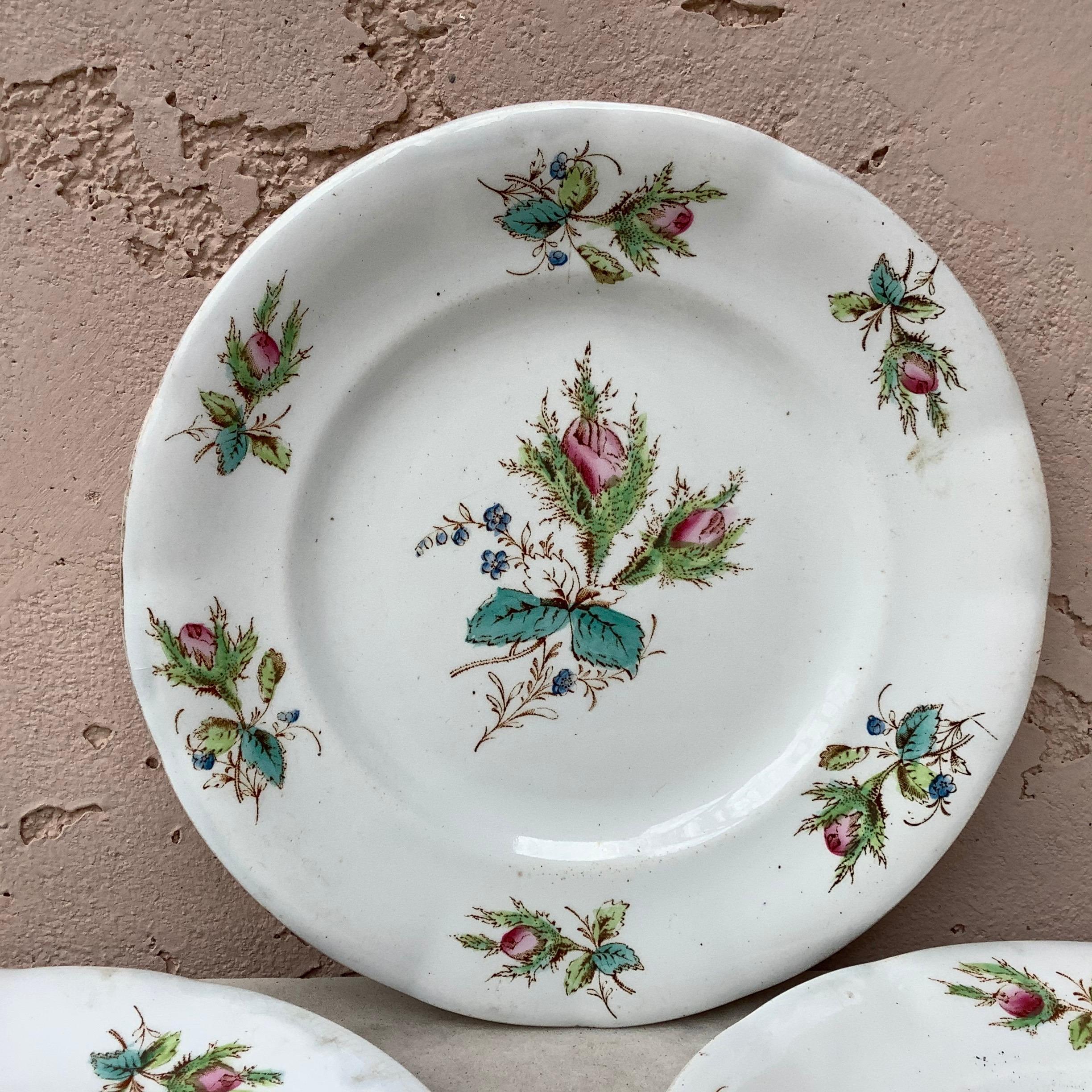 Charming set of 3 dessert plates decorated with pink roses, circa 1900 signed Keller and Guerin Luneville.