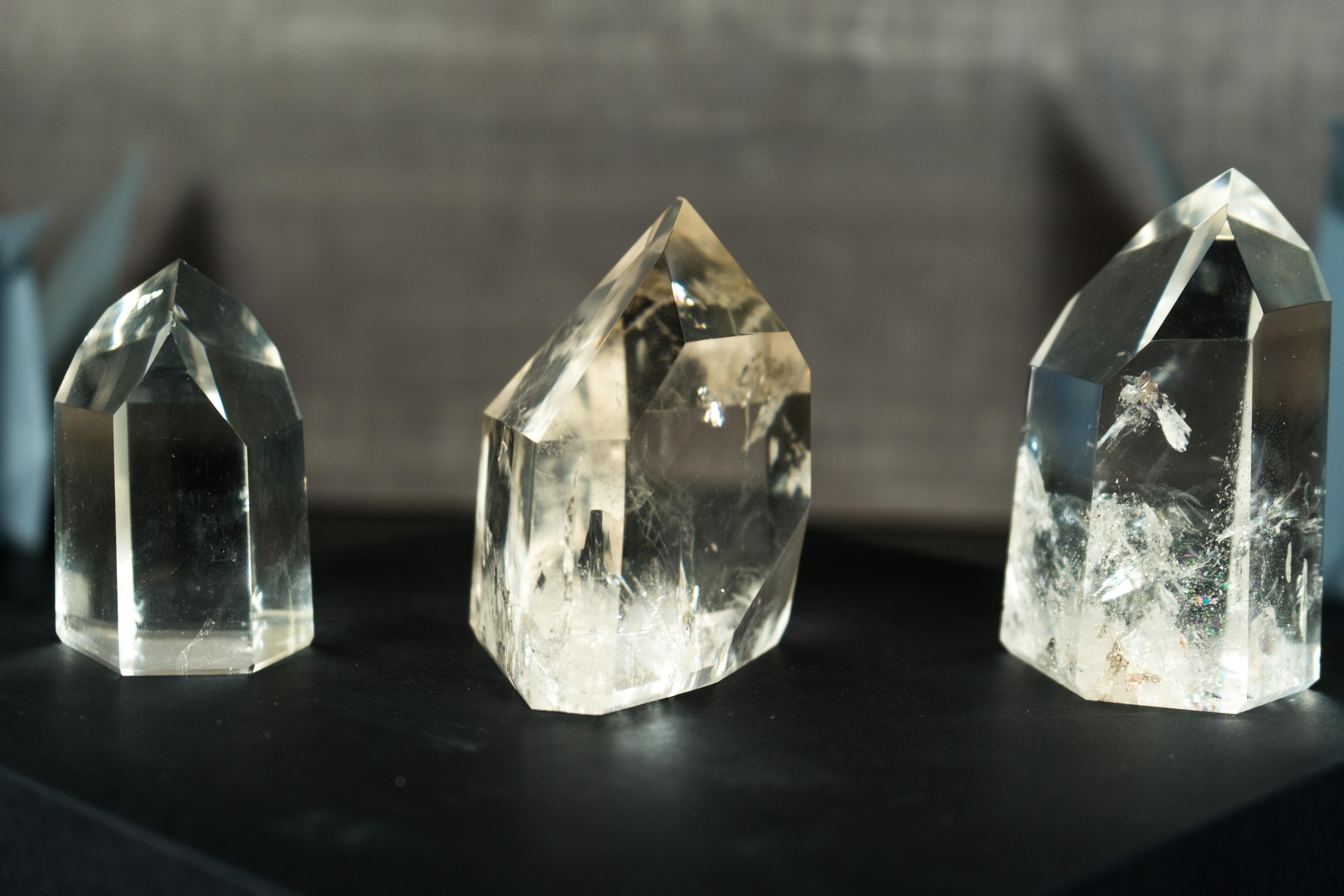 Brazilian Set of 3 Diamantina Crystal Clear Quartz, Crystal Decor or Paperweight For Sale