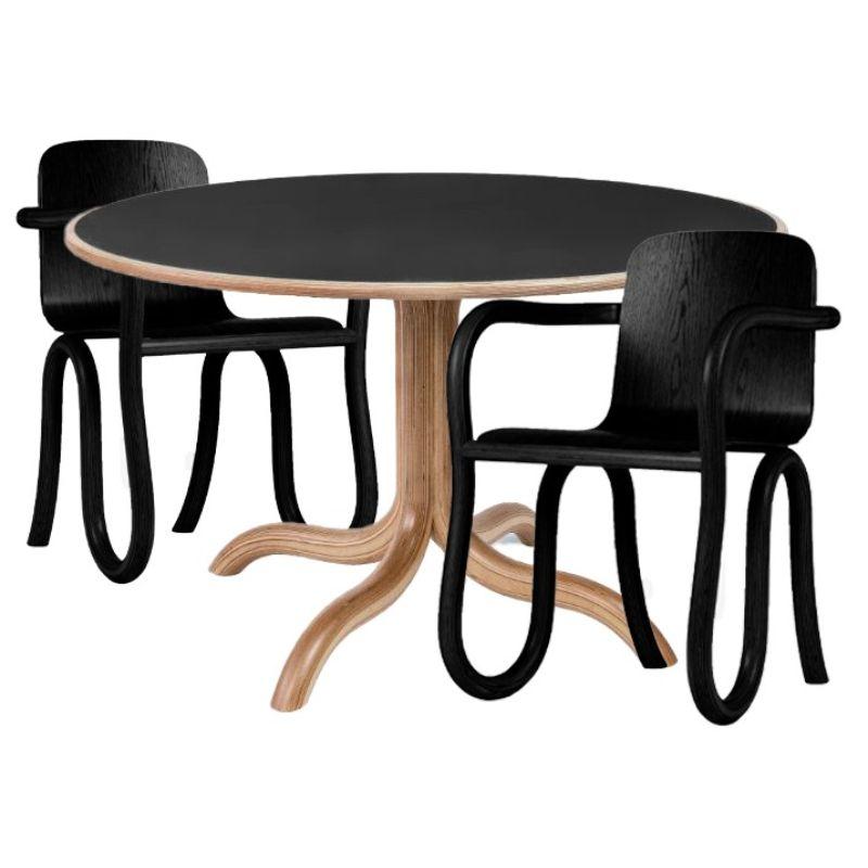 Set of 3 Kolho Original Dining Chairs in MDJ KUU Black & Table by Made By Choice
*Kolho Collection by Made By Choice with Matthew Day Jackson*
Table's Dimensions: H75 x diam.120 cm.
Chair's Dimensions:  54 x 54 x 77 cm.
Materials: Oak veneer seat