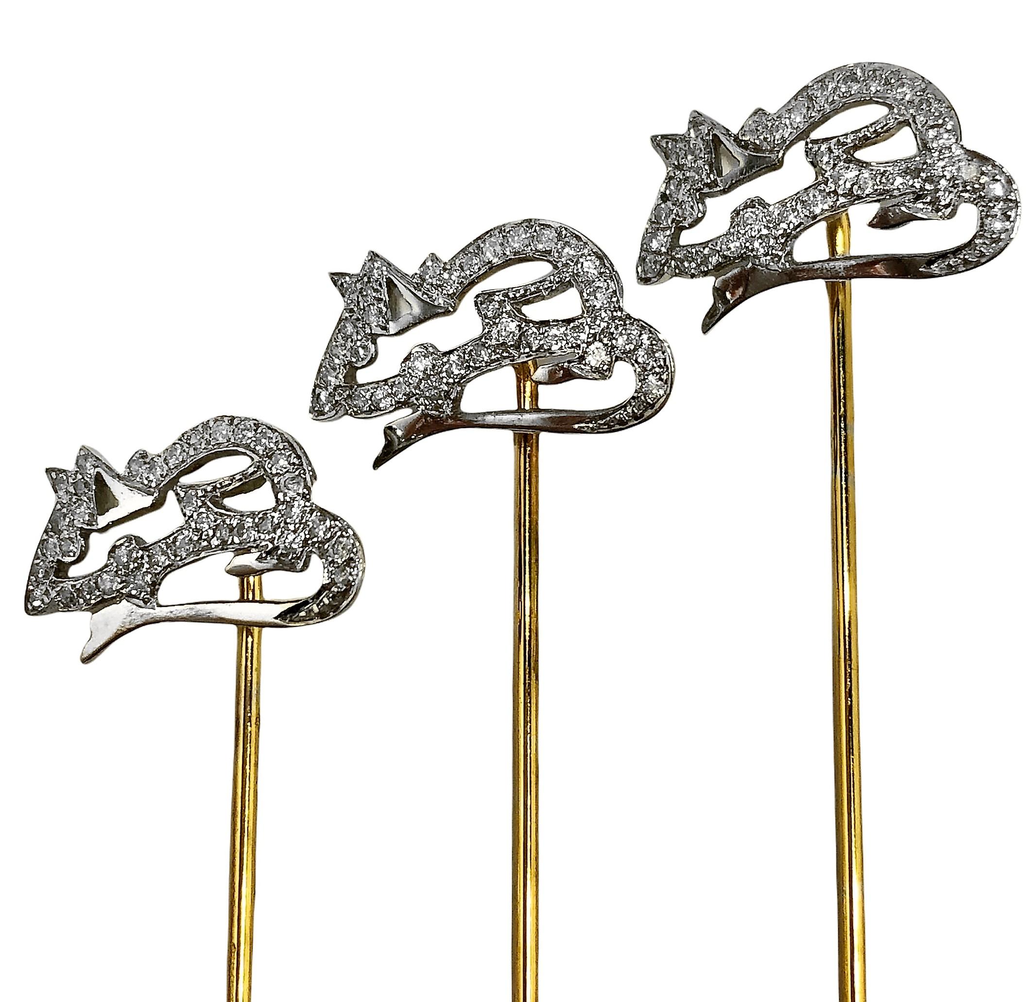 This whimsical set of three mice can be worn separately or together, evoking the much loved children's nursery rhyme. Each 18K white gold mouse is encrusted with brilliant cut diamonds. The yellow gold. pins attached to each mouse are made of 14K