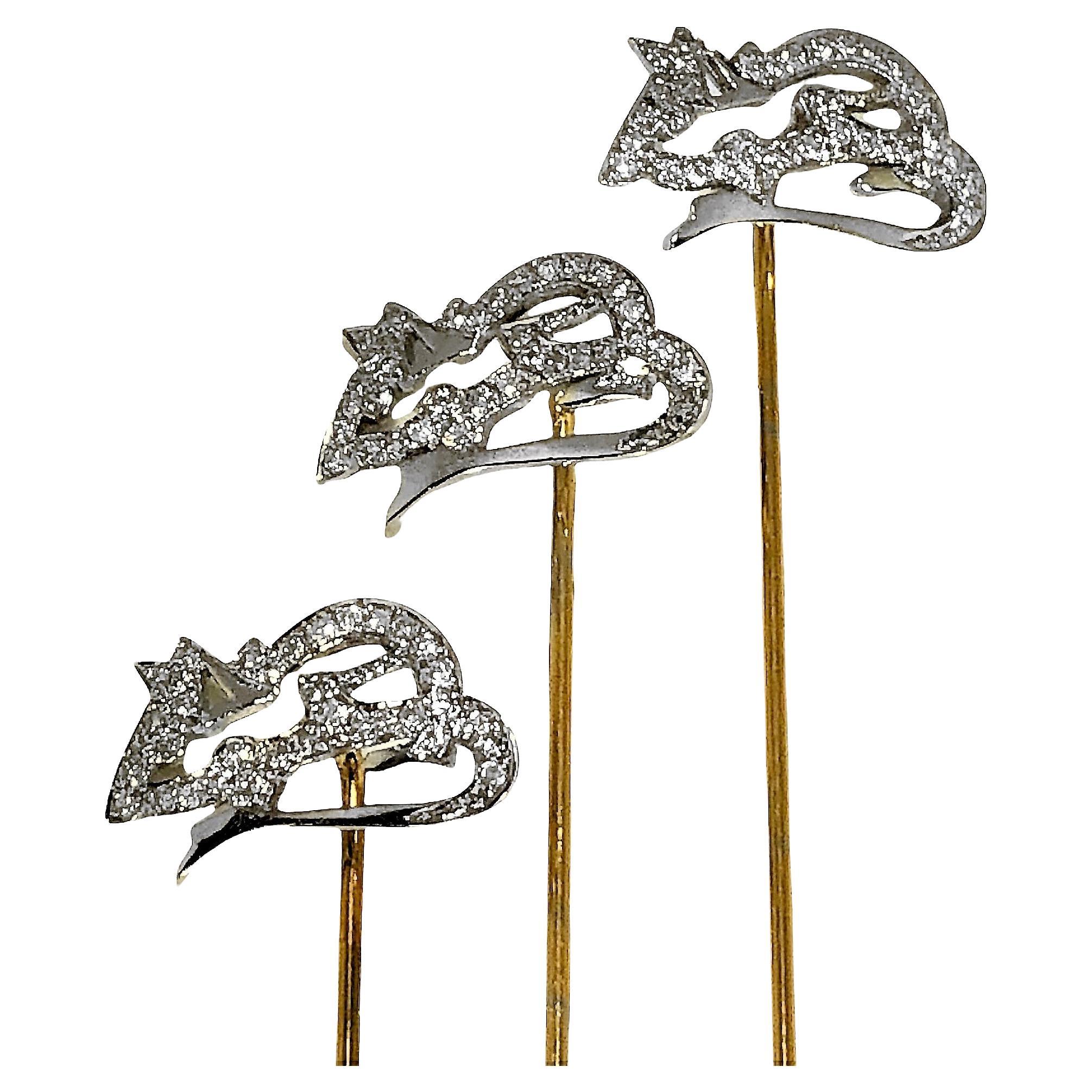Brilliant Cut Set of 3 Diamond Encrusted Mice Stickpins in 18K White Gold with 14K Yellow Pins For Sale