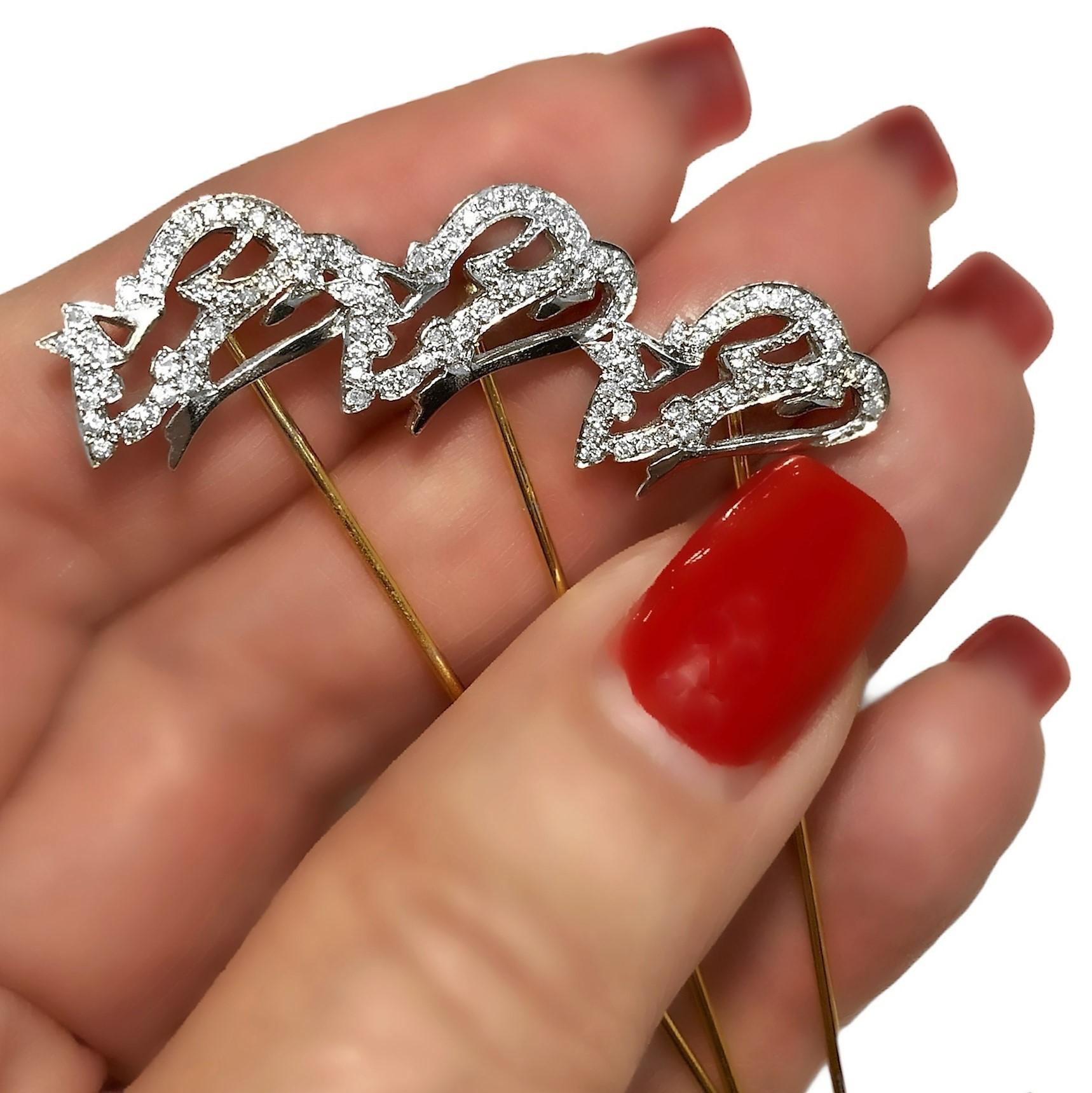 Set of 3 Diamond Encrusted Mice Stickpins in 18K White Gold with 14K Yellow Pins For Sale 3
