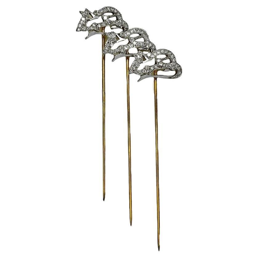 Set of 3 Diamond Encrusted Mice Stickpins in 18K White Gold with 14K Yellow Pins