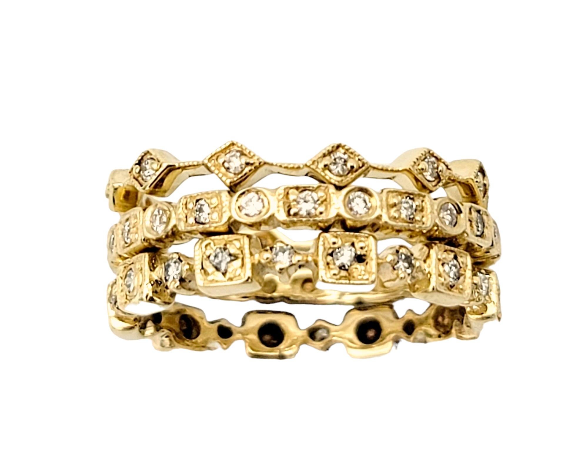 Ring Size 7.25

Add some modern beauty to your jewelry collection with our captivating set of 3 diamond milgrain stacking rings. Meticulously crafted in lustrous 14 karat yellow gold, each ring exudes a classic charm that effortlessly captures the