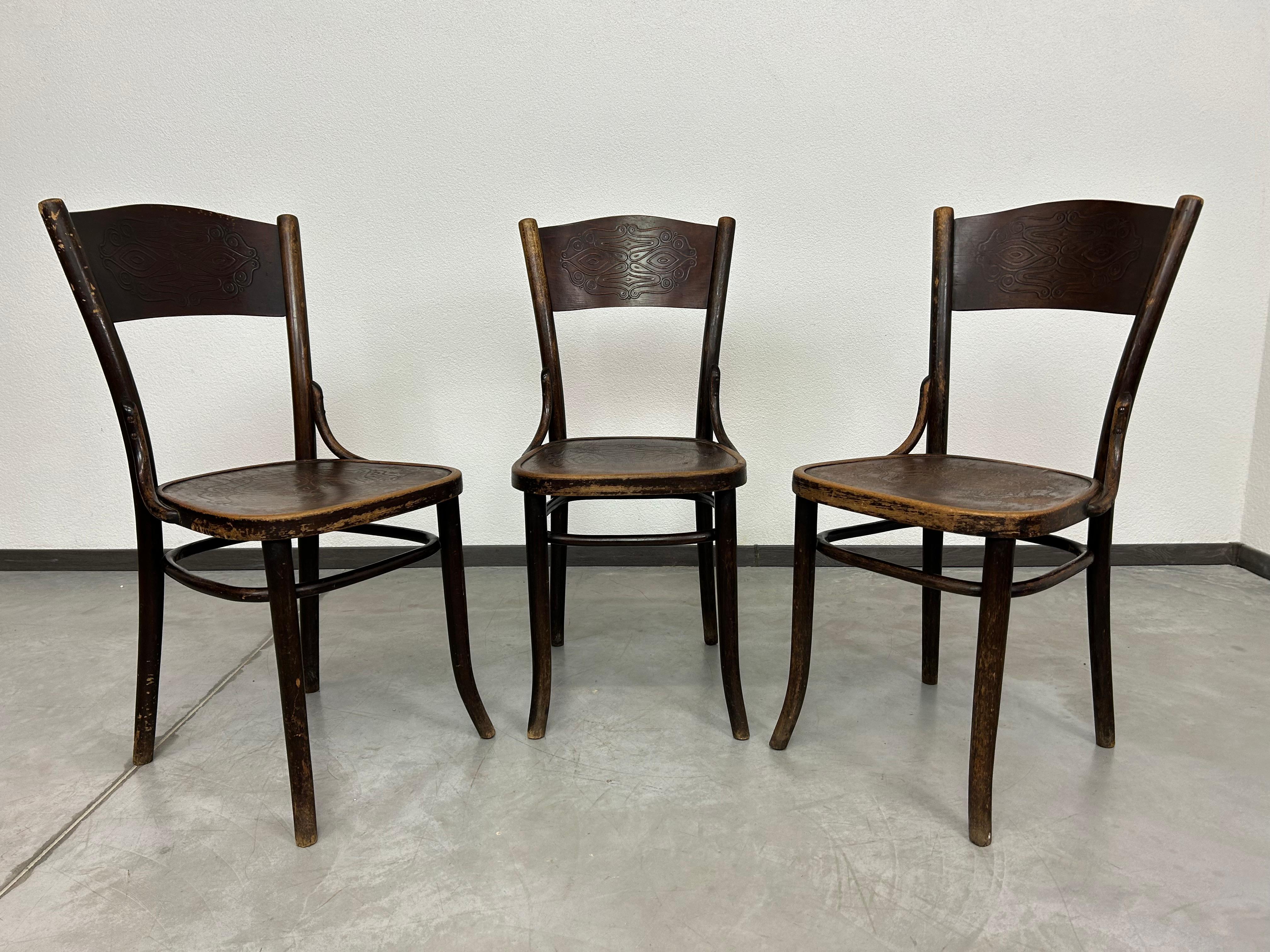 Set of 3 dining room chairs by J&J Kohn in originl vintage condition.