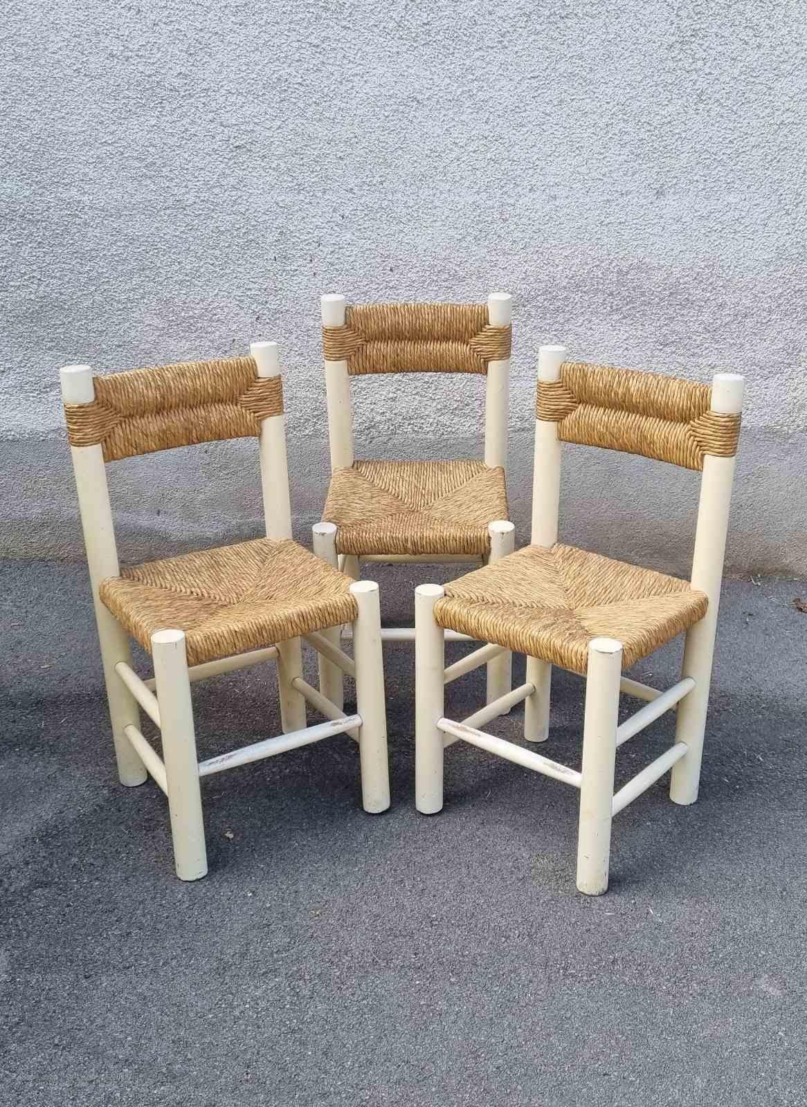 Set of 3 Dordogne Chairs by Charlotte Perriand for Sentou, France 60s Paja en venta