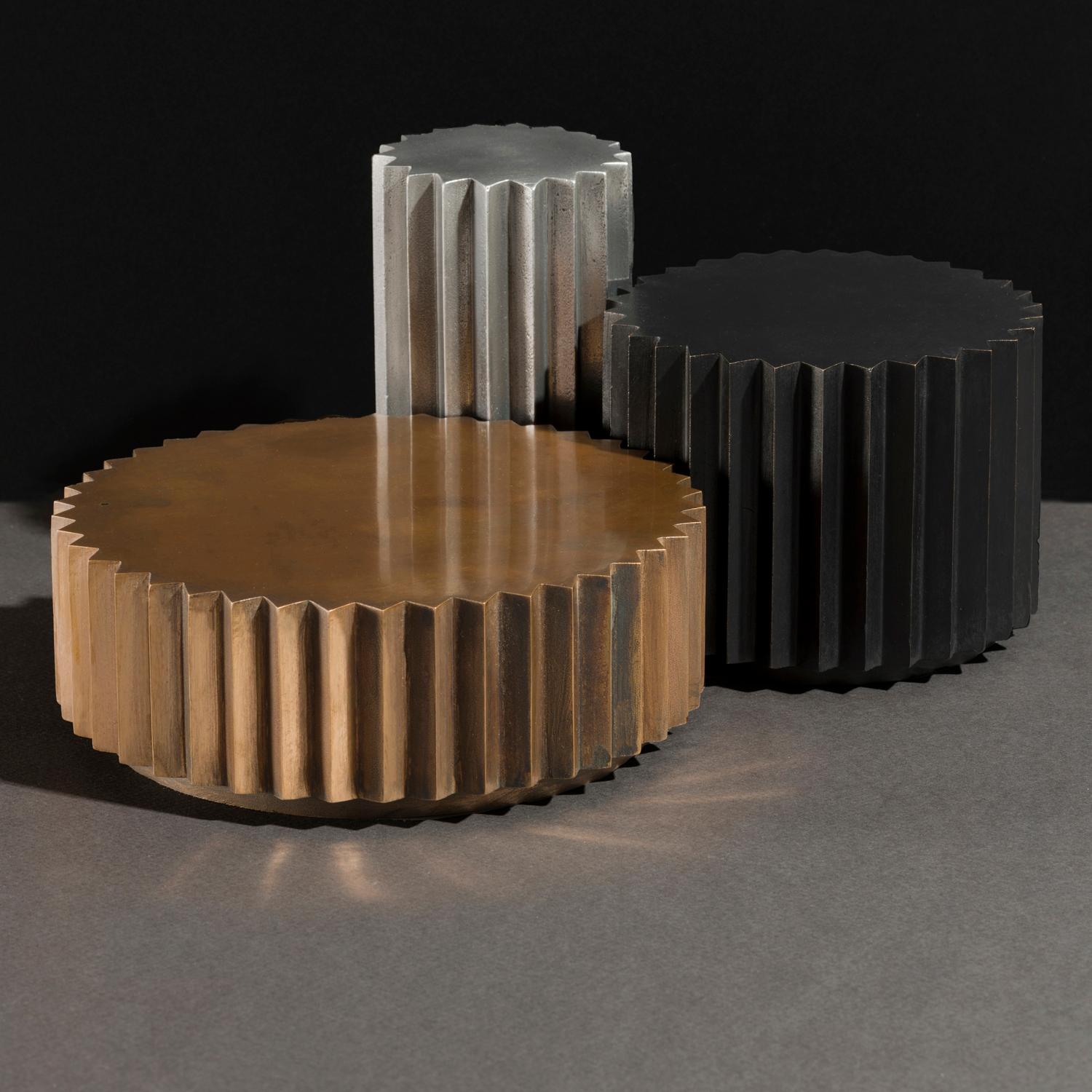 Set Of 3 Doris Tables by Fred and Juul
Dimensions: Low Coffee Table: Ø 84 x H 30 cm.
Coffee Table: Ø 60 x H 42 cm.
Side Table: Ø 36 x H 60 cm.
Materials: Bronze and aluminum.

Available in bronze and aluminum. Also available in different
