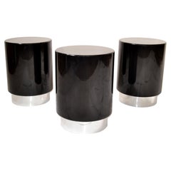 Set of 3 Drum Drink Tables Black Gloss Lacquer & Chrome Base Mid-Century Modern