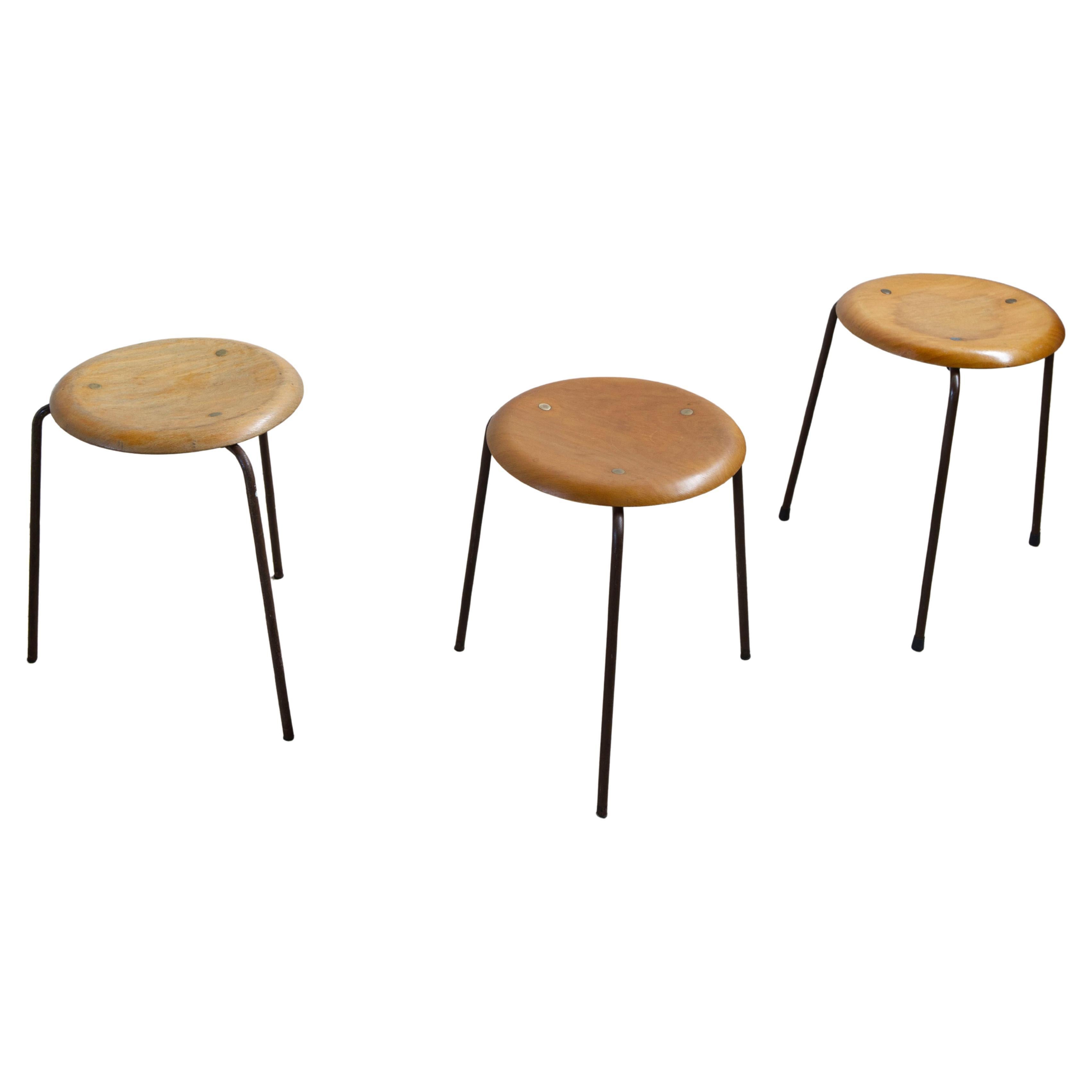 Set of 3, Early Tripod Dot Stool by Fritz Hansen, Teak and Copper, Denmark 1960s