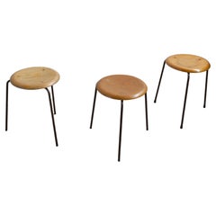Set of 3, Early Tripod Dot Stool by Fritz Hansen, Teak and Copper, Denmark 1960s