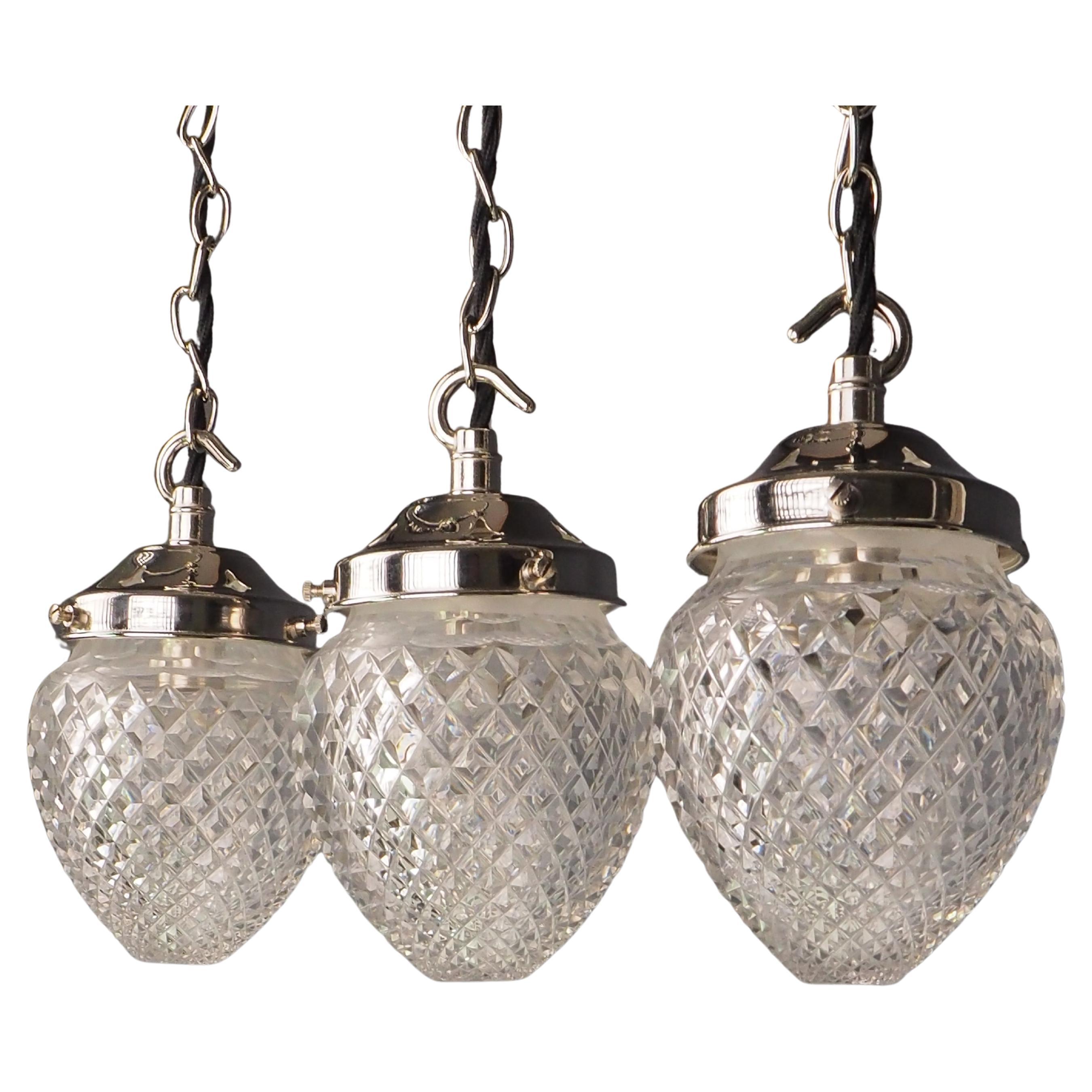 Set of 3 Edwardian Antique Cut Glass Pendant Lights – Elegant Ceiling Fixtures