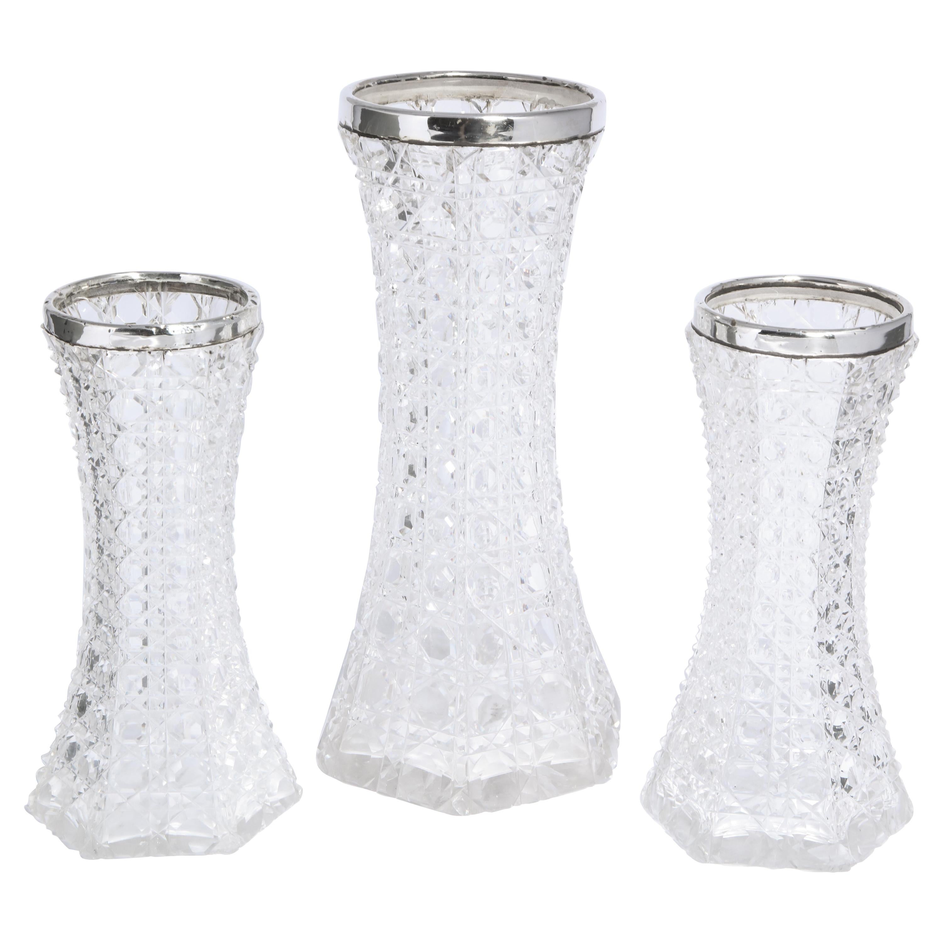 Set of 3 Edwardian Sterling-Silver-Mounted Hobnail-Cut Hexagonal Crystal Vases