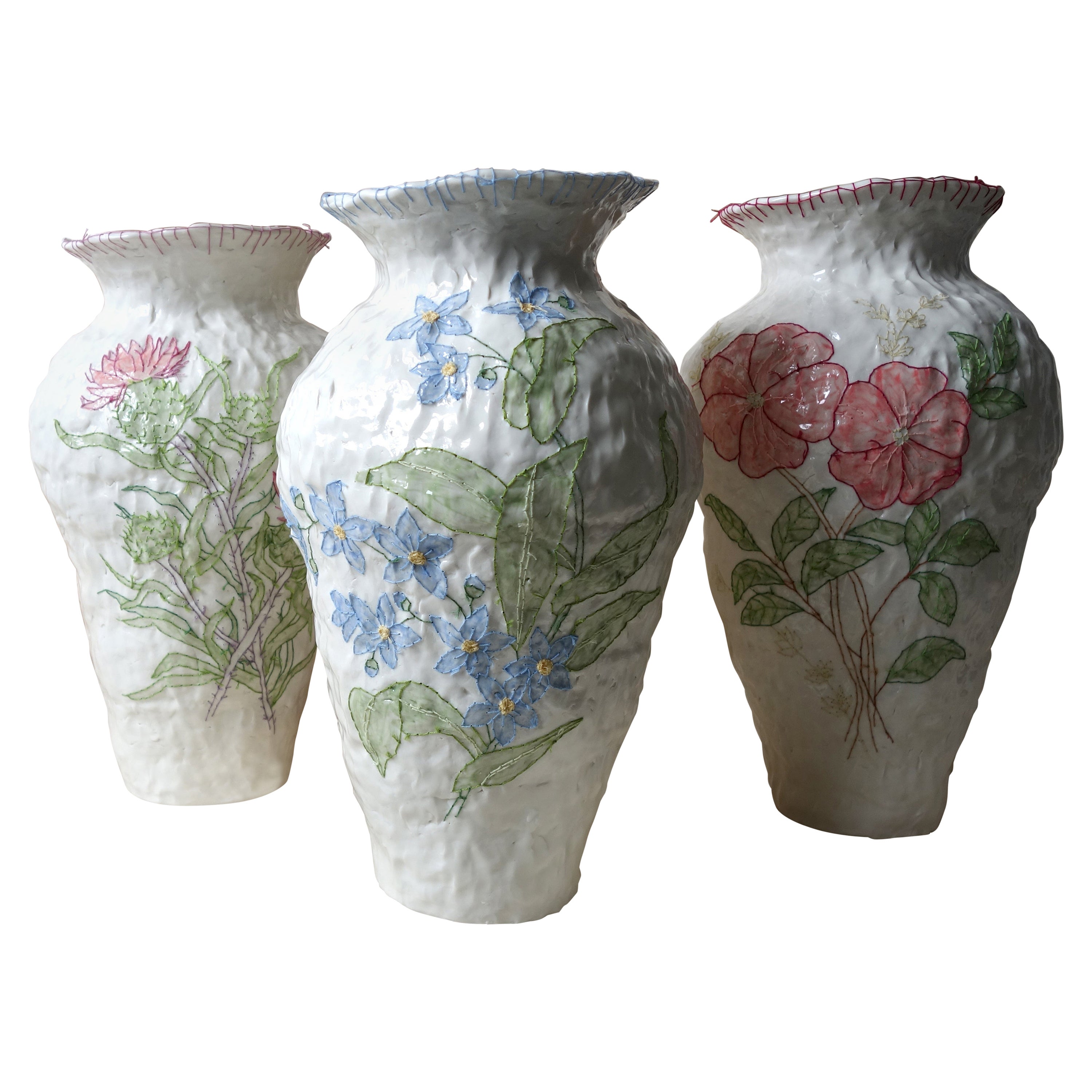 Set of 3 Emboridery Vases by Caroline Harrius For Sale