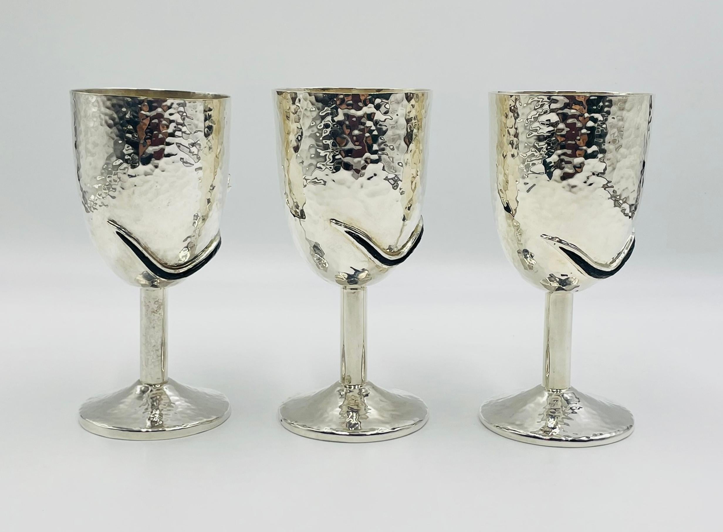 3er-Set Emilia Castillo Versilberte Pokale mit schwarzen Onyx-Eidechsen, Mexiko im Angebot 1