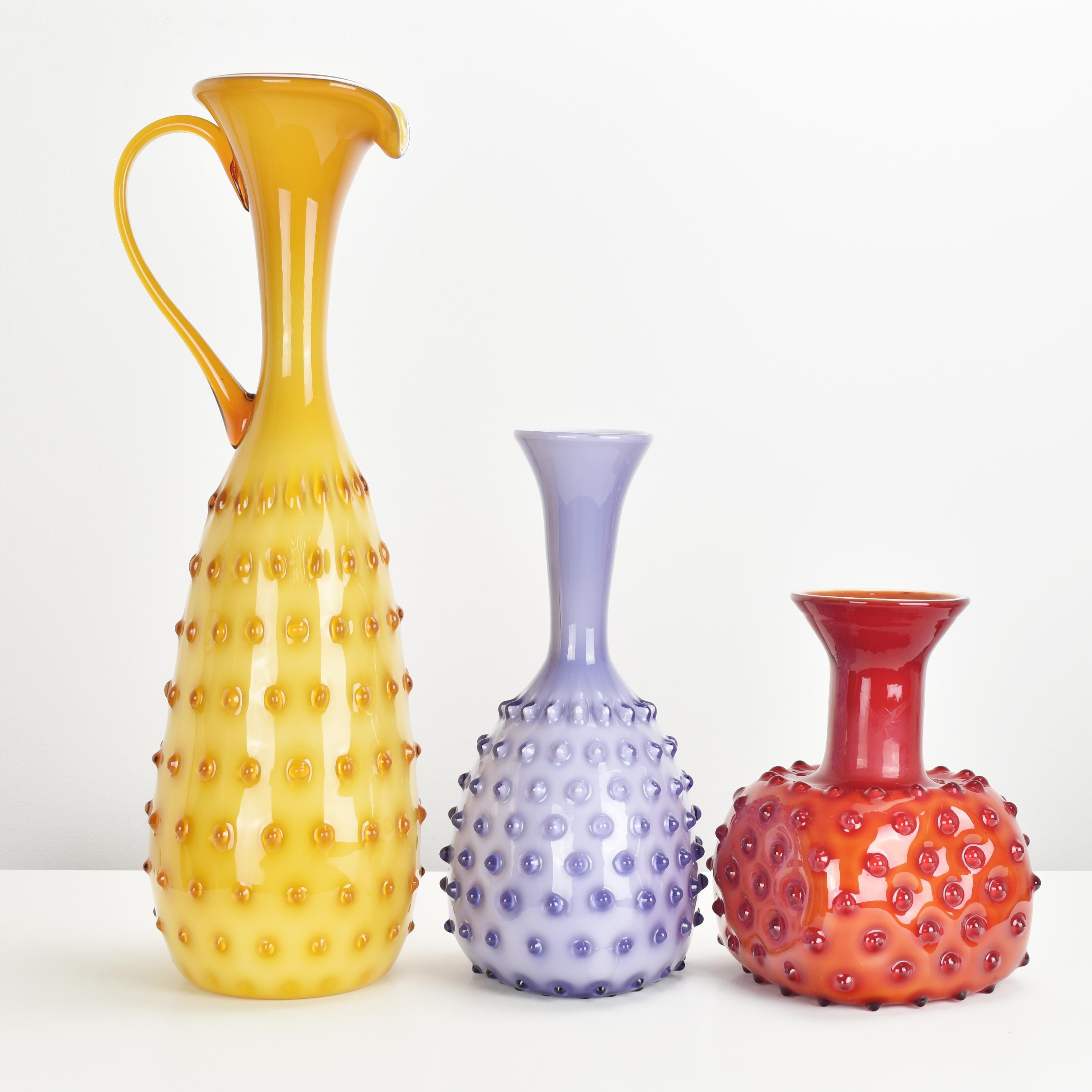Mid-Century Modern Set of 3 Empoli Vases Hobnail Pattern Cased Glass Mid Century For Sale