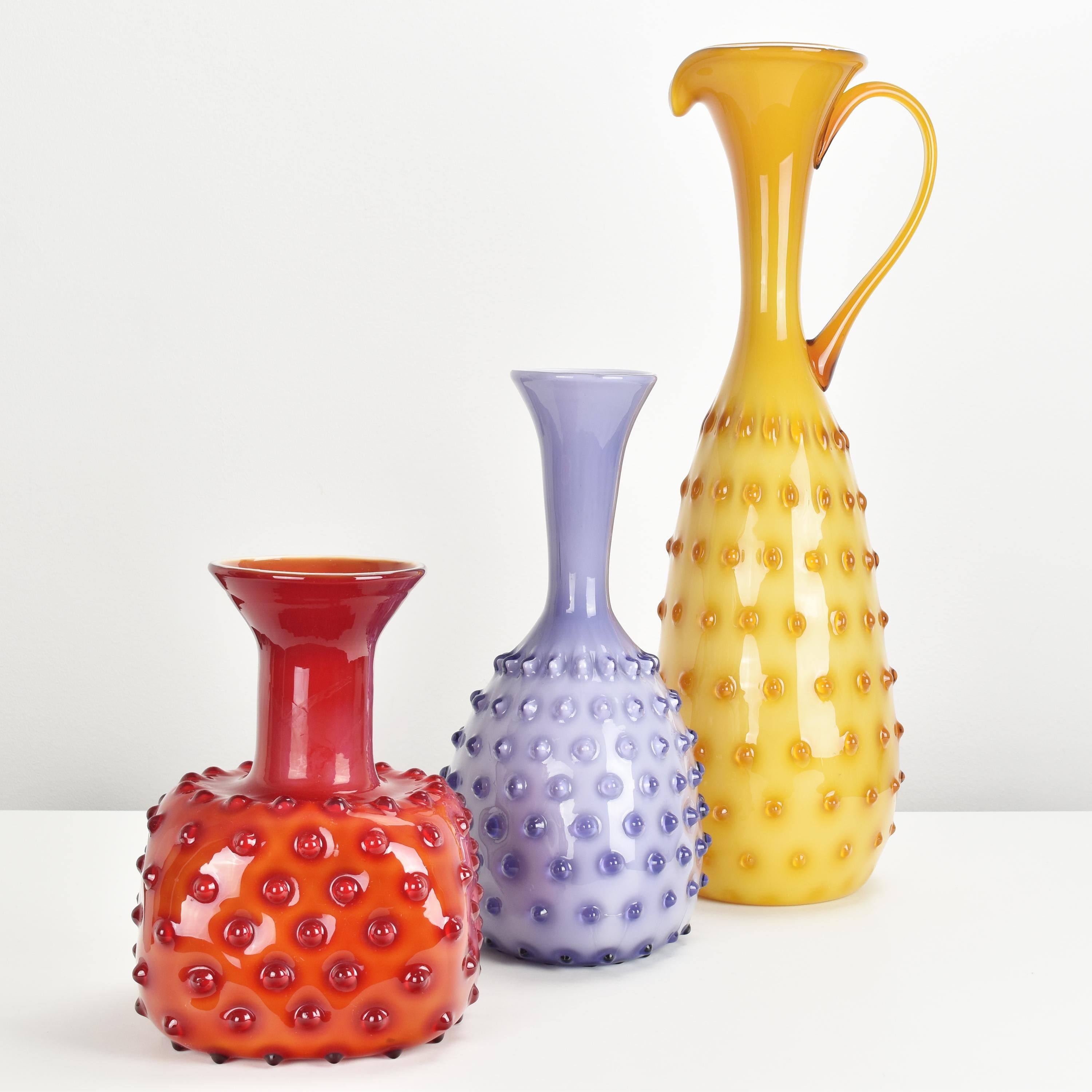 Italian Set of 3 Empoli Vases Hobnail Pattern Cased Glass Mid Century For Sale