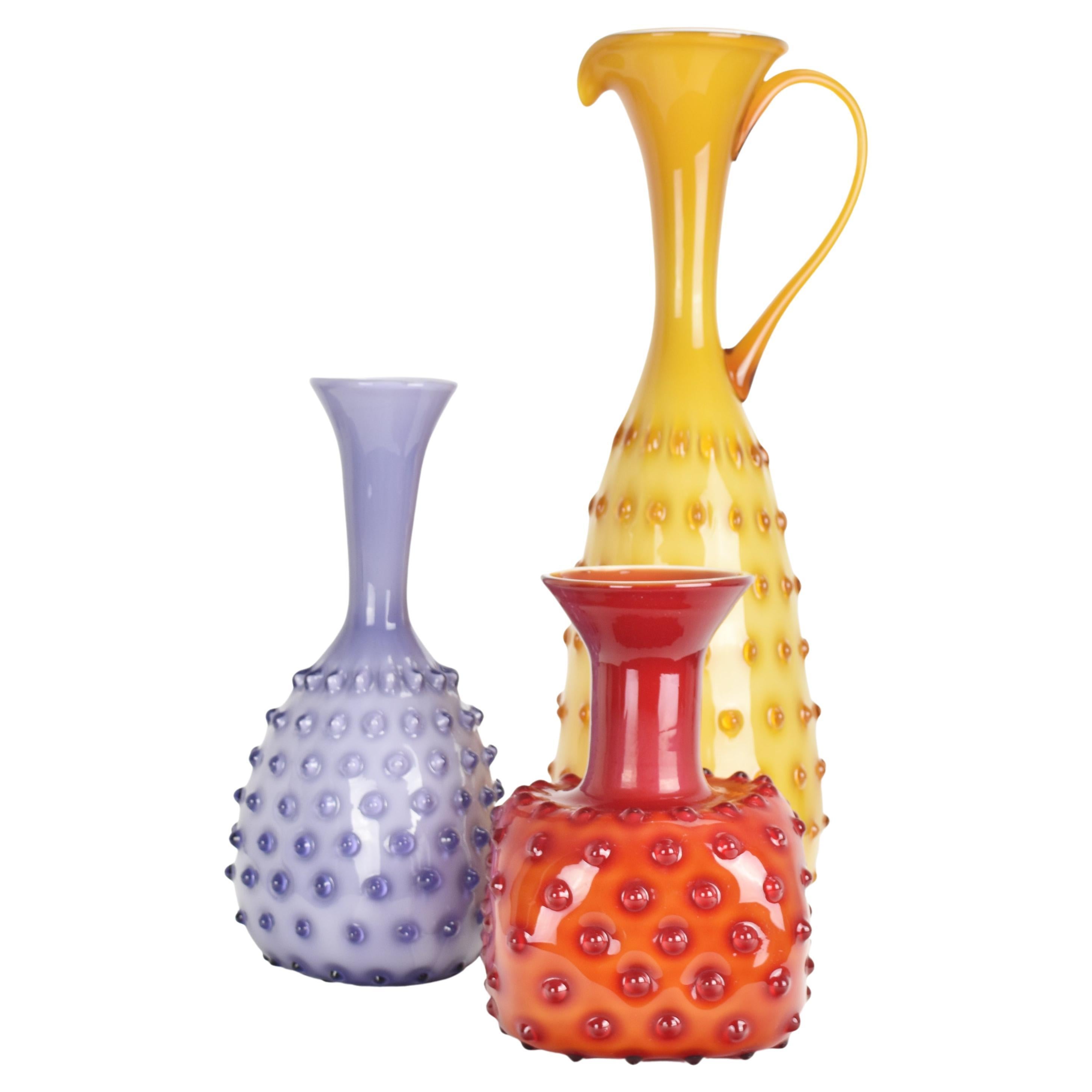 Set of 3 Empoli Vases Hobnail Pattern Cased Glass Mid Century For Sale