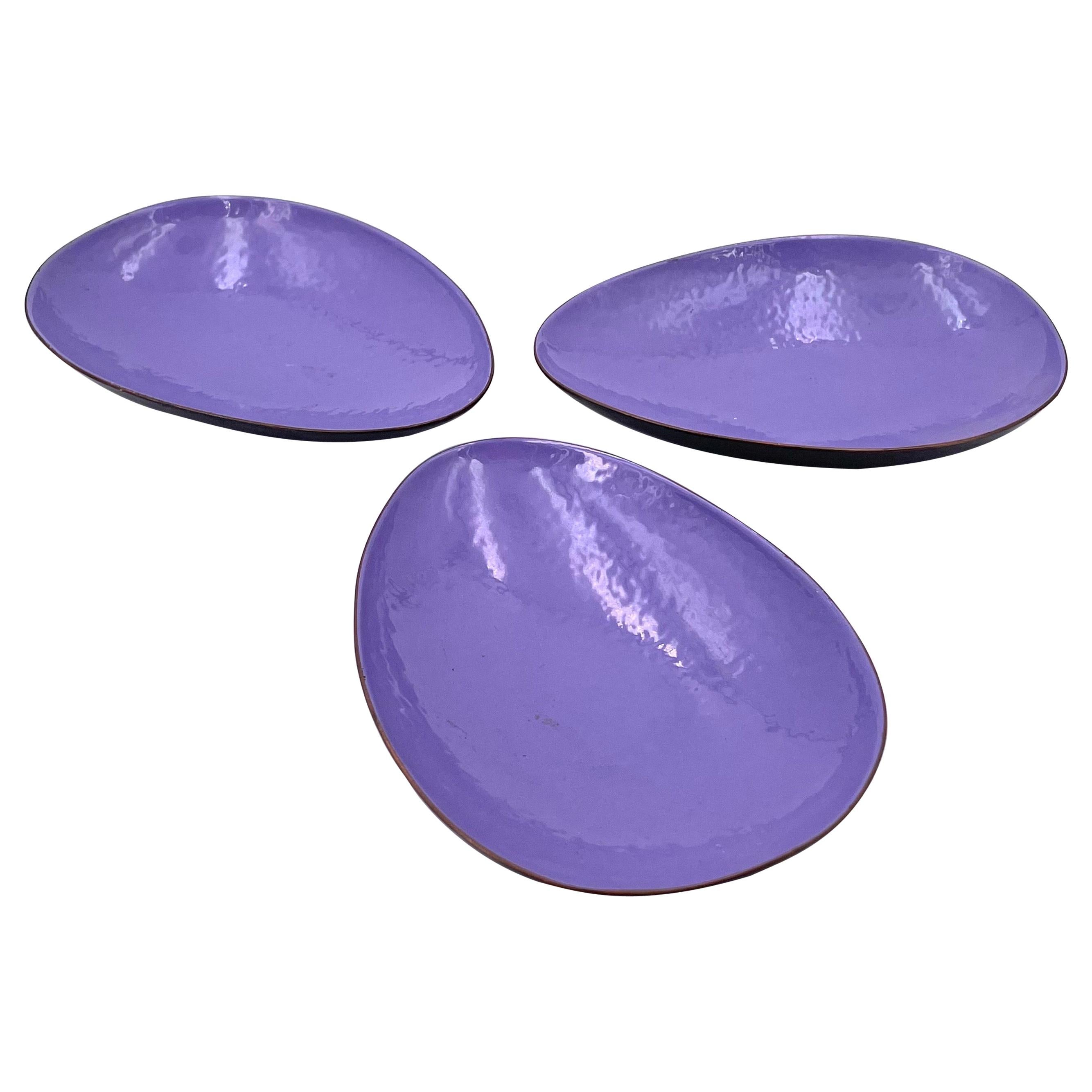 Set of 3 Enameled on Copper Purple Midcentury California Design Low Bowls For Sale
