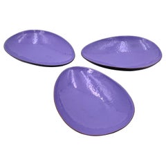 Set of 3 Enameled on Copper Purple Midcentury California Design Low Bowls