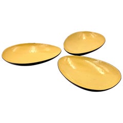 Vintage Set of 3 Enameled on Copper Yellow Midcentury California Design Low Bowls