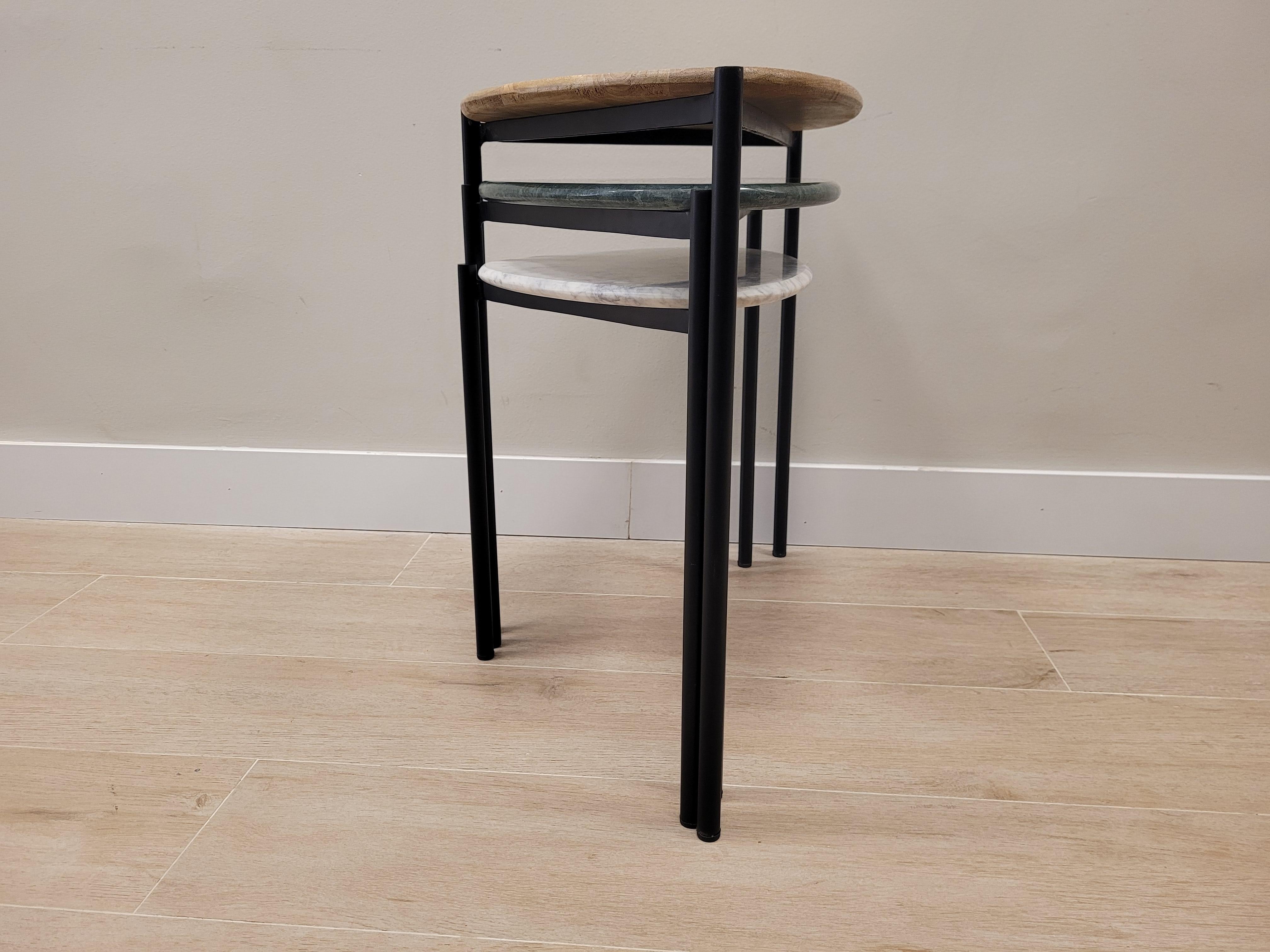 Set of 3 End-Tables Green, White Marble and Wood 21st Century, Side Table 3