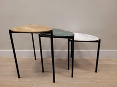Set of 3 End-Tables Green, White Marble and Wood 21st Century, Side Table