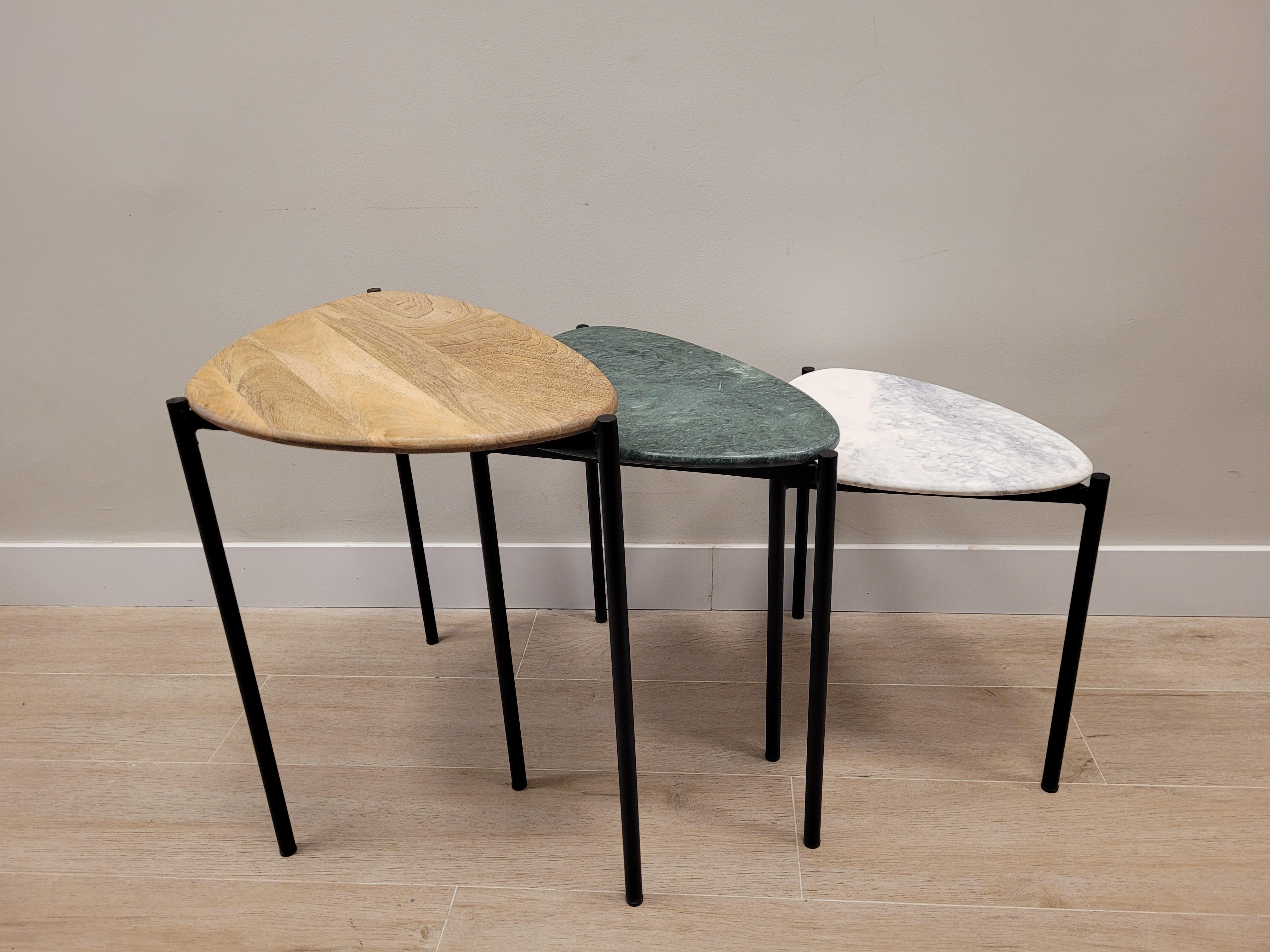 Mid-Century Modern Set of 3 End-Tables Green, White Marble and Wood 21st Century, Side Table