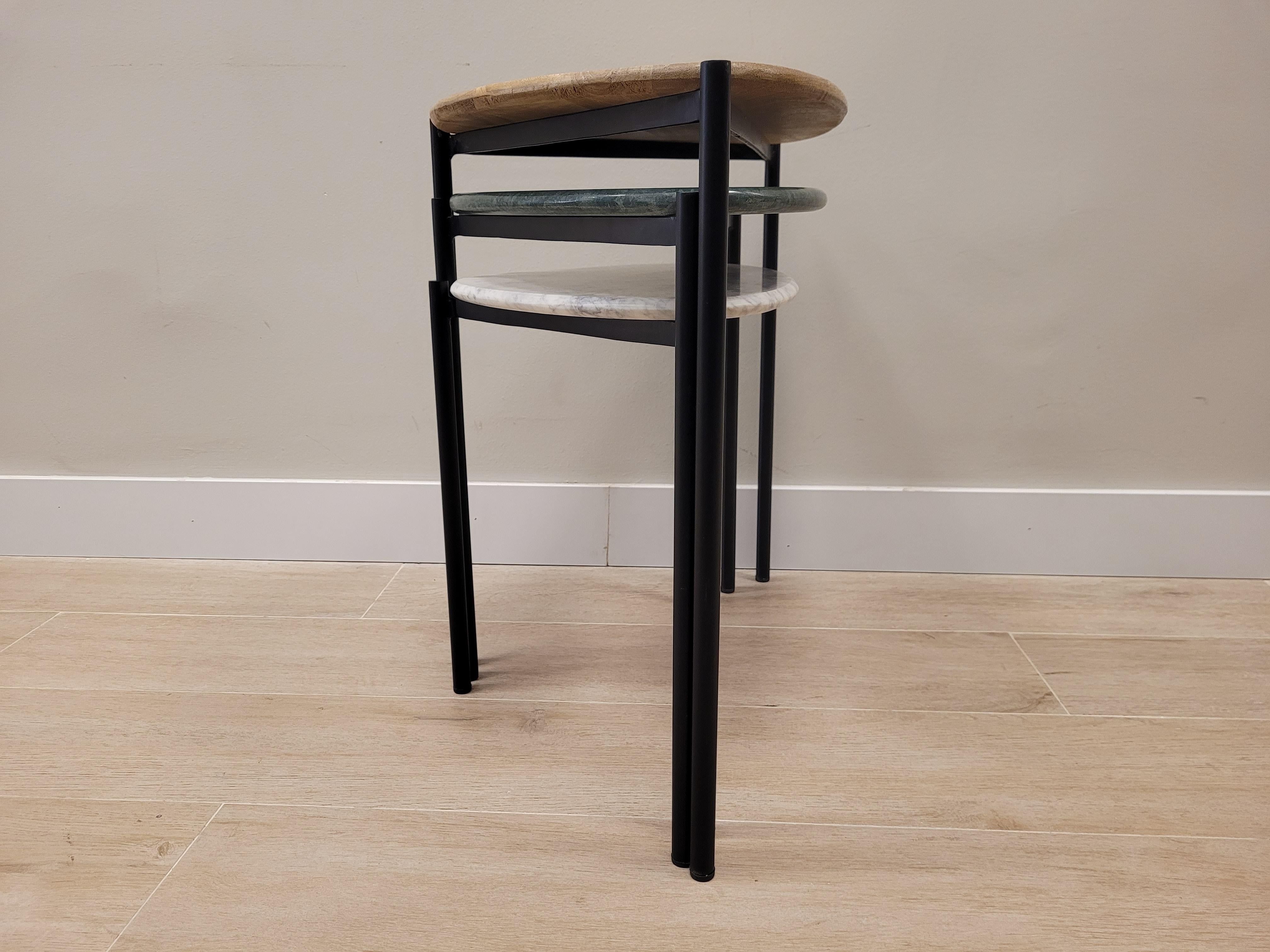 Set of 3 End-Tables Green, White Marble and Wood 21st Century, Side Table For Sale 2
