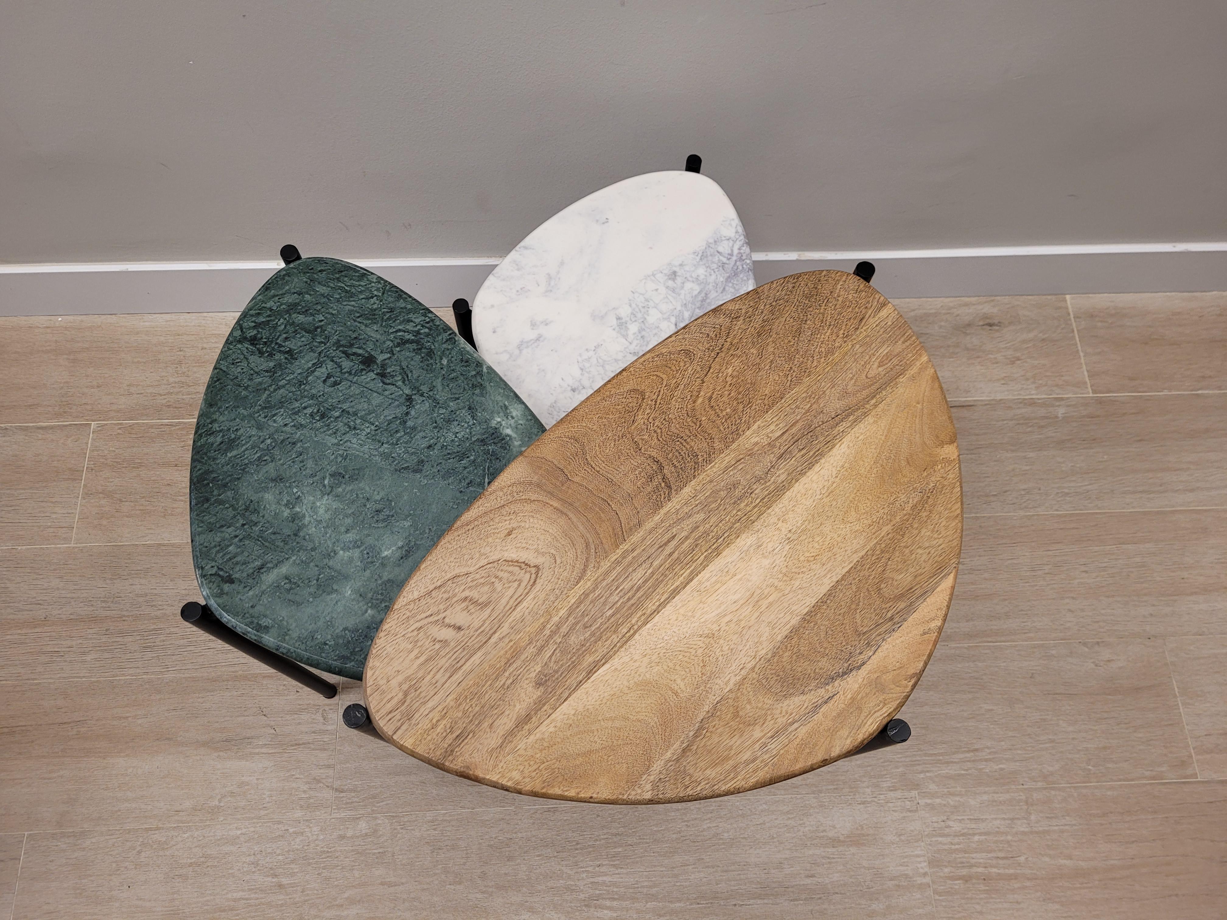 Set of 3 End-Tables Green, White Marble and Wood 21st Century, Side Table For Sale 7