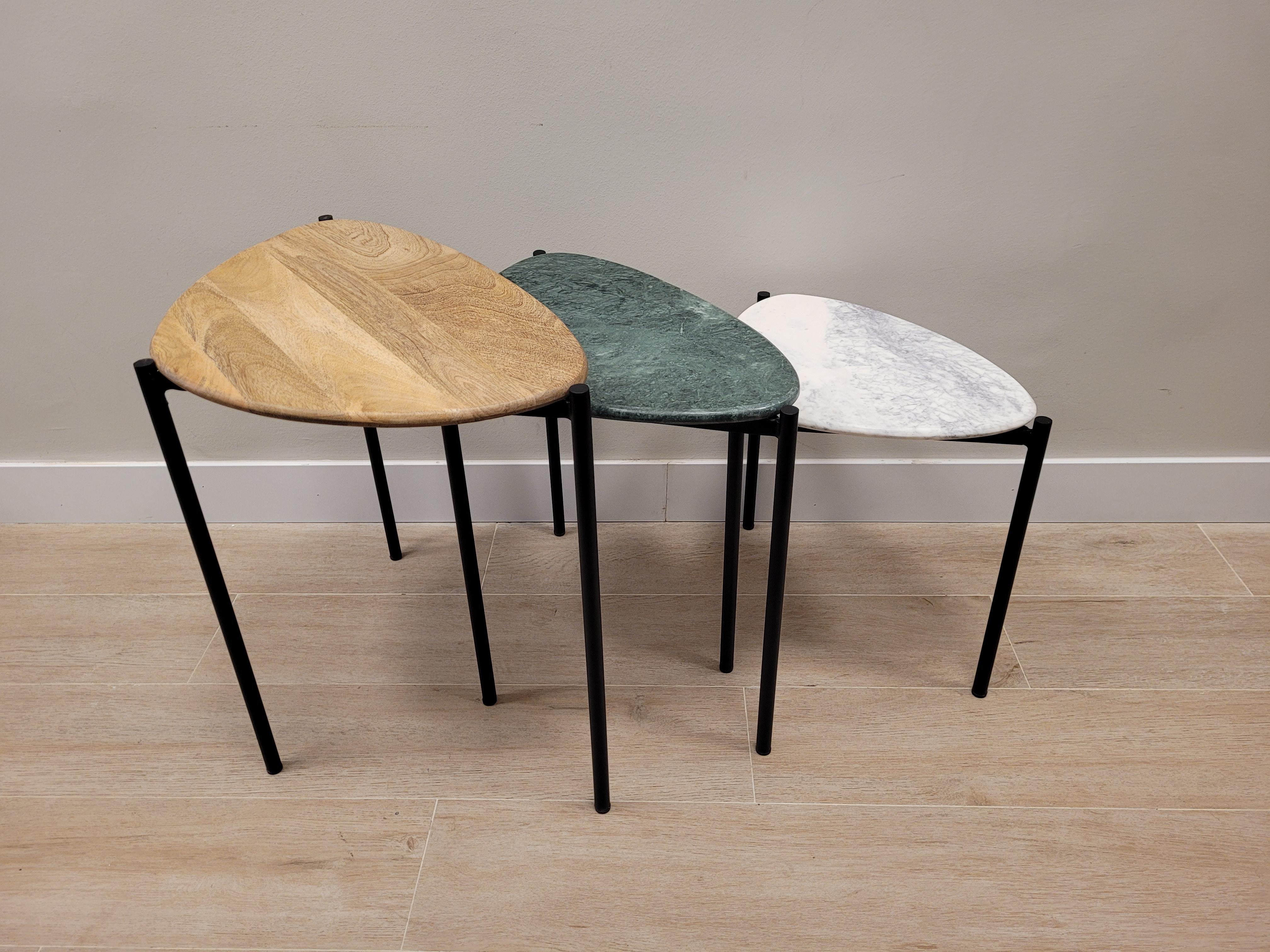 French Set of 3 End-Tables Green, White Marble and Wood 21st Century, Side Table For Sale