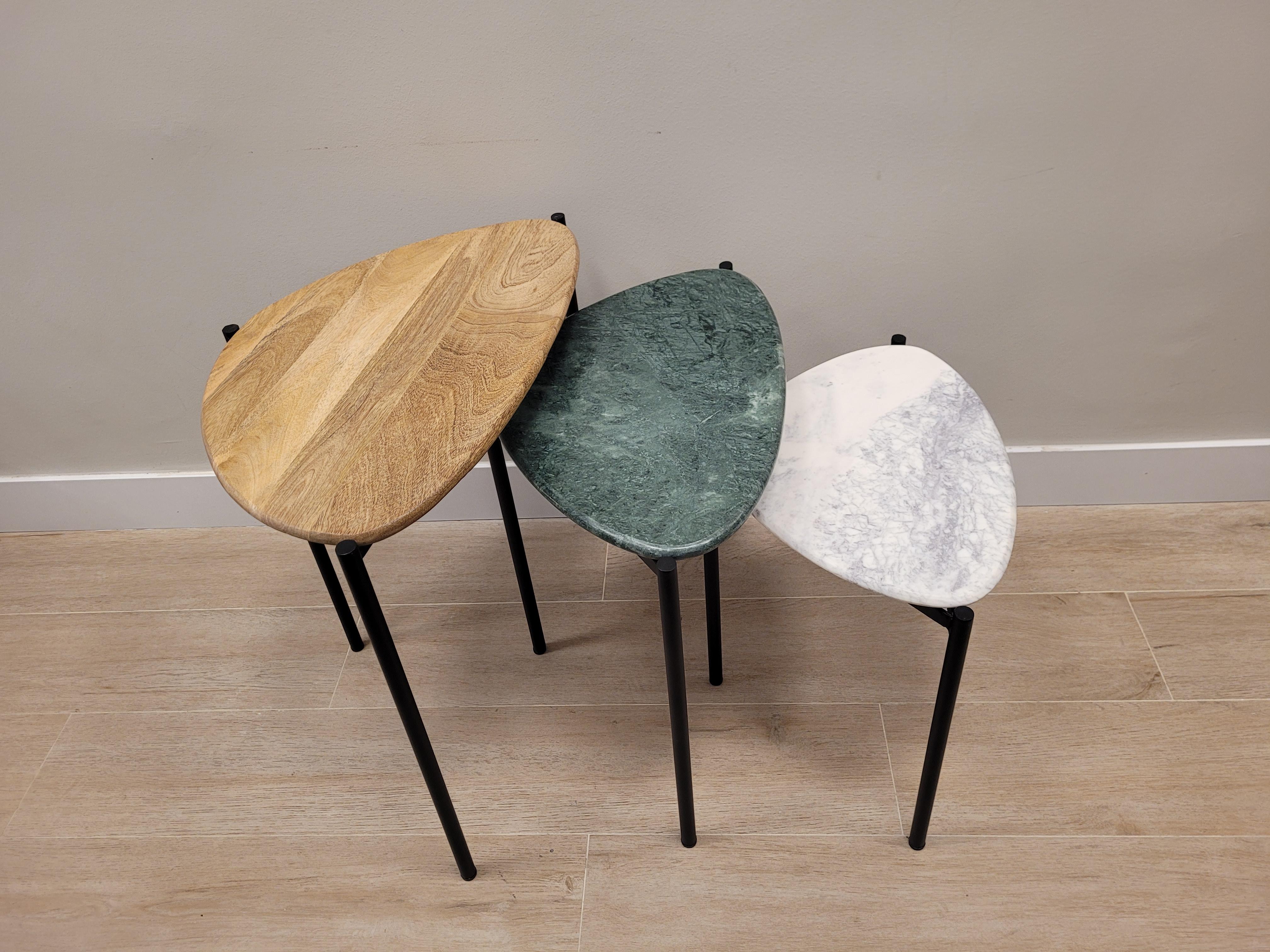 Contemporary Set of 3 End-Tables Green, White Marble and Wood 21st Century, Side Table For Sale