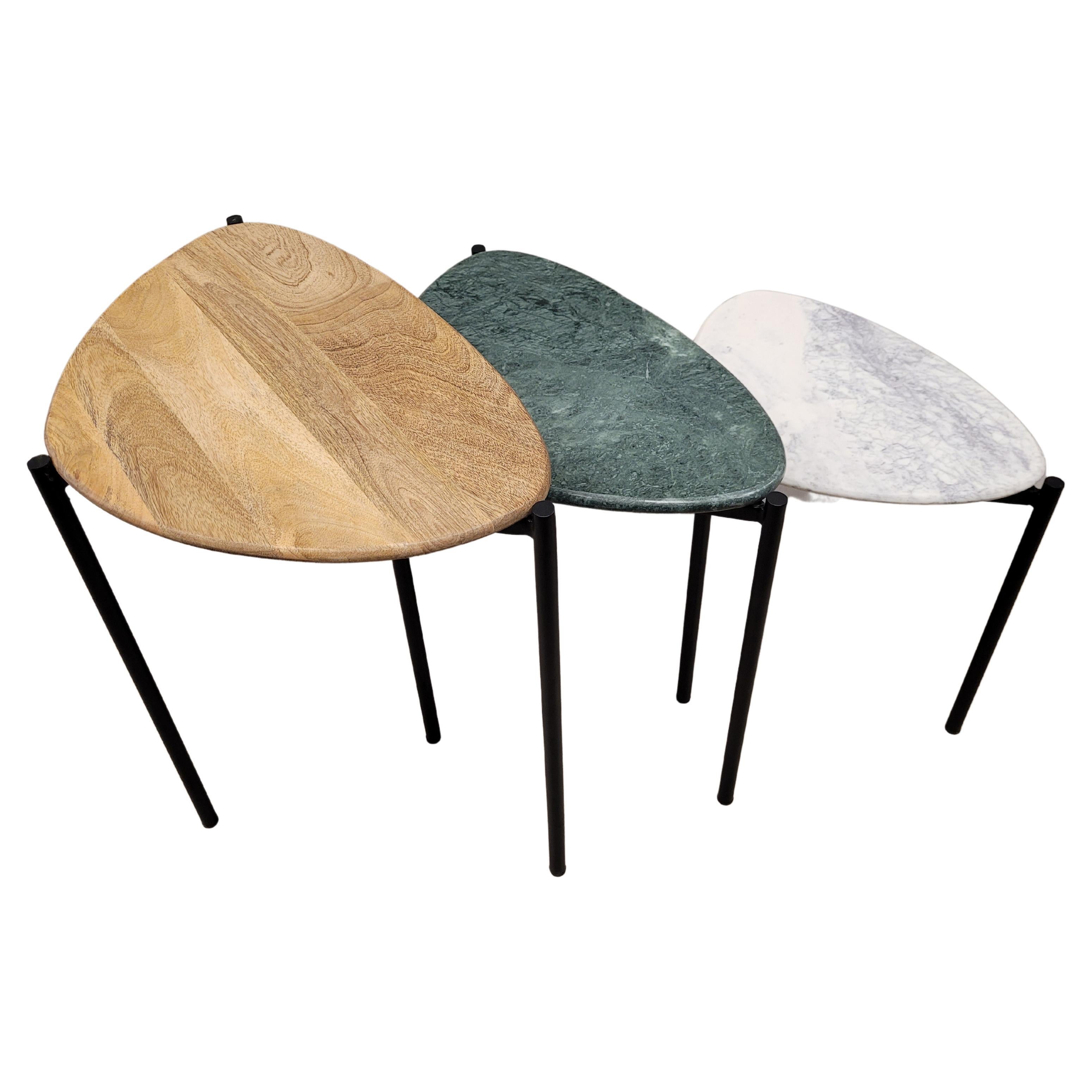Set of 3 End-Tables Green, White Marble and Wood 21st Century, Side Table For Sale