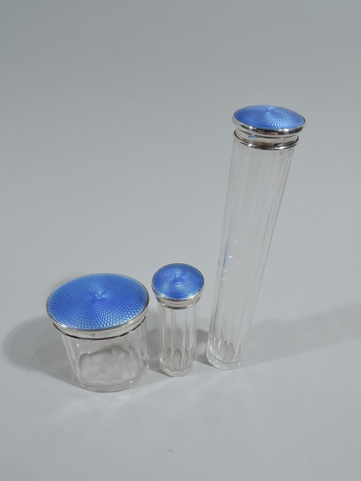 Set of 3 English Art Deco Sterling Silver & Blue Enamel Vanity Jars In Excellent Condition In New York, NY